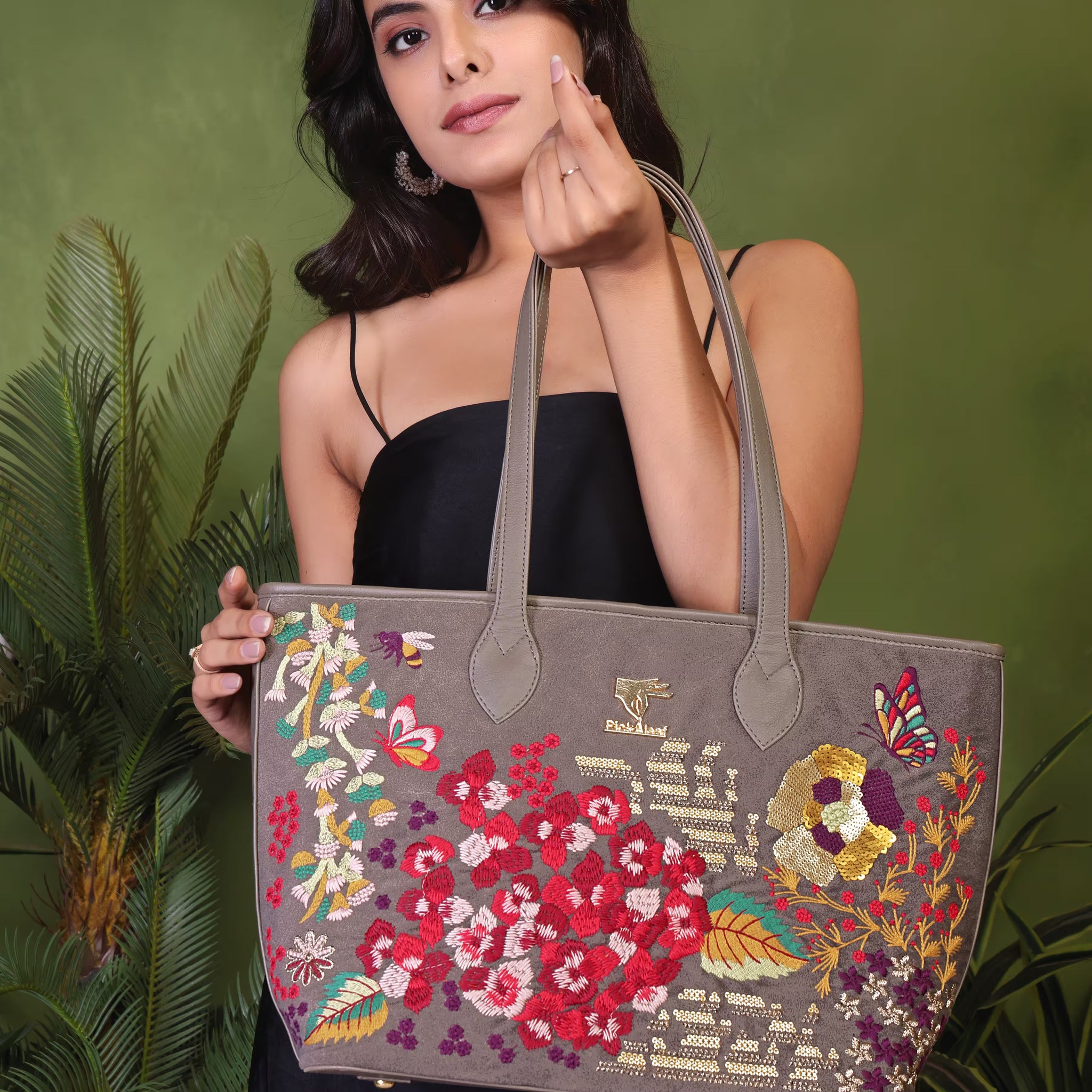 Grey Embroidery Vegan Leather Tote Bag | Function, Gift & Travel