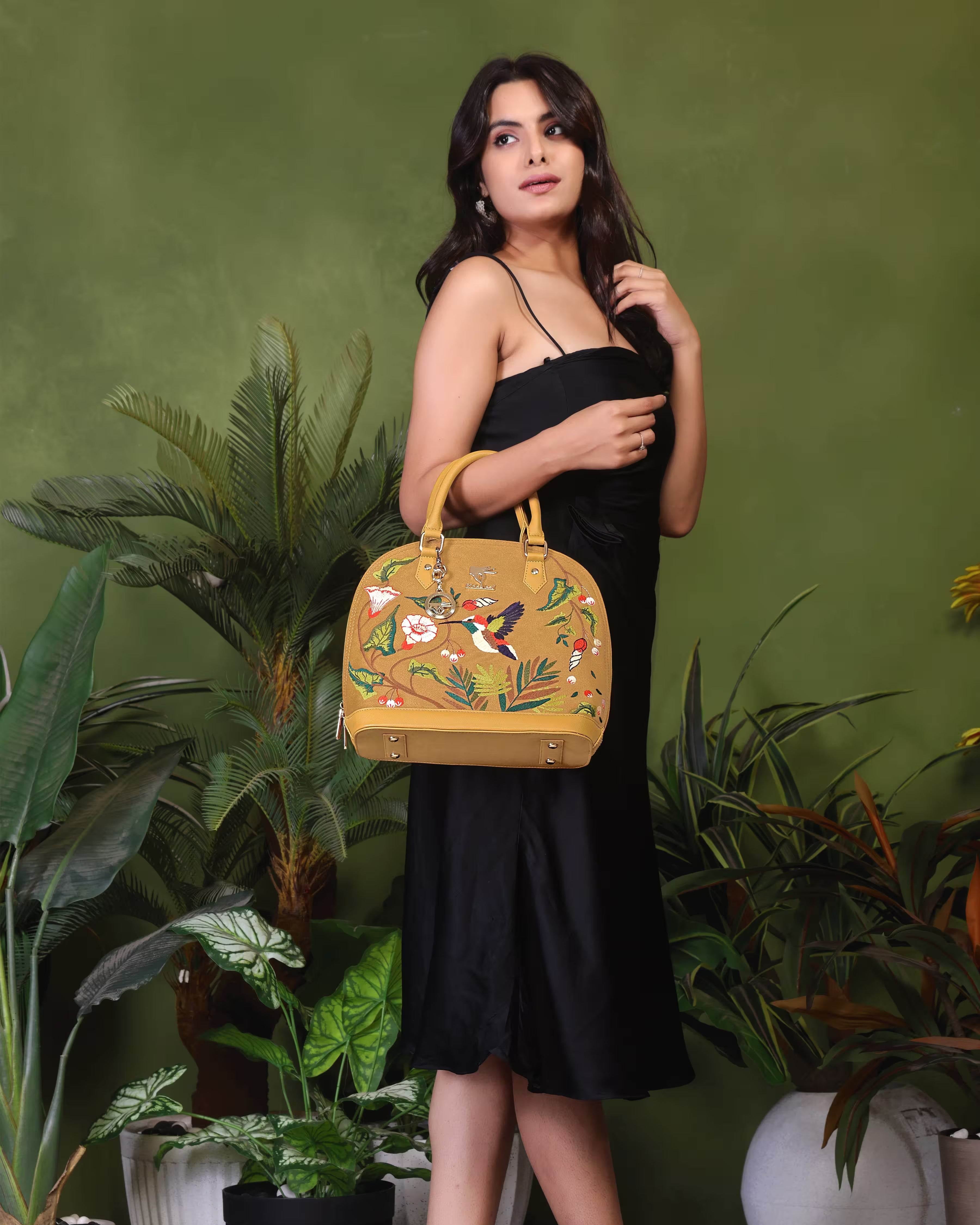 Mustard embroidered unique handbag for women in vegan leather by PickAleaf, cruelty free, for work, meetings and formal use