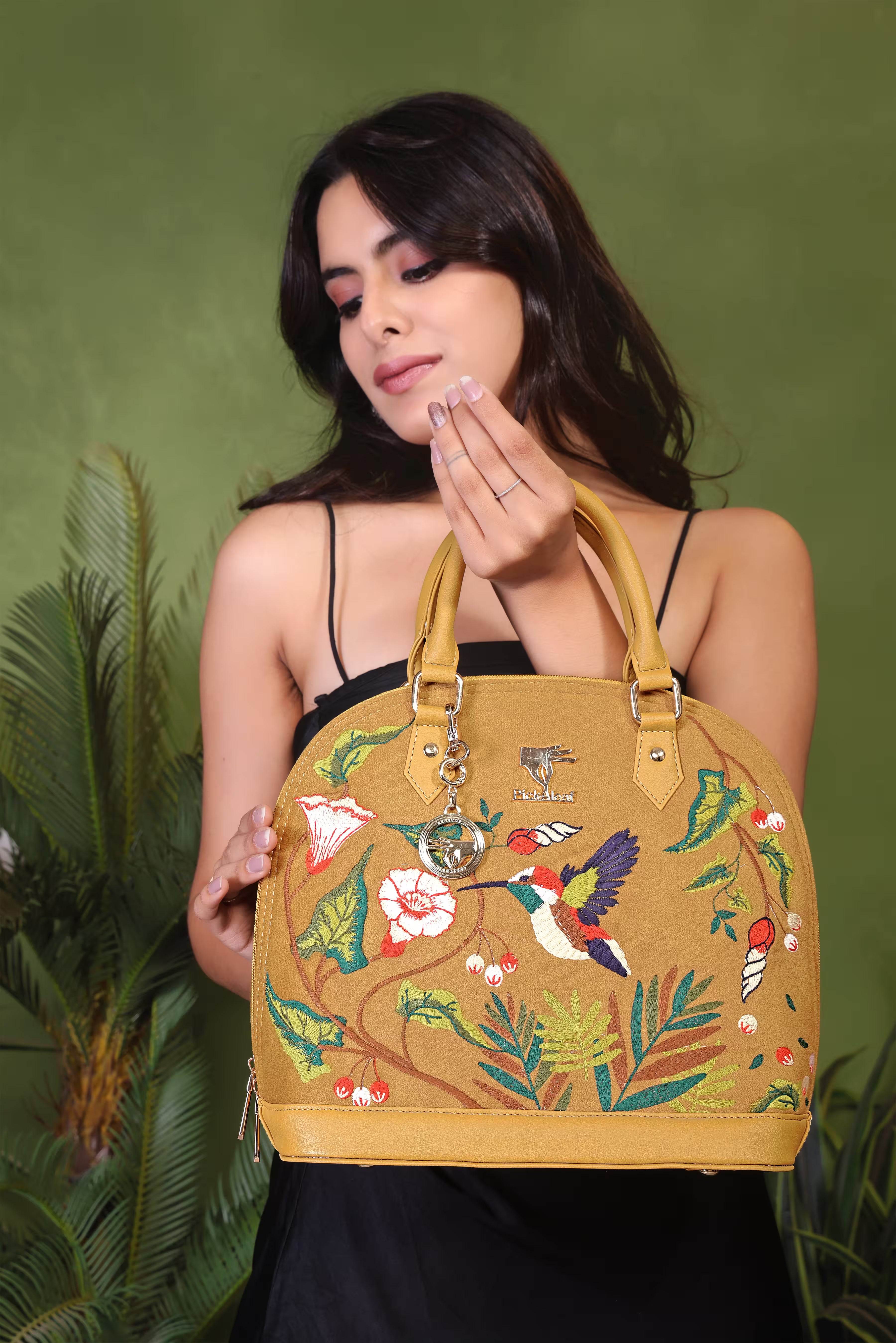Mustard embroidered unique handbag for women in vegan leather by PickAleaf, cruelty free, for work, meetings and formal use