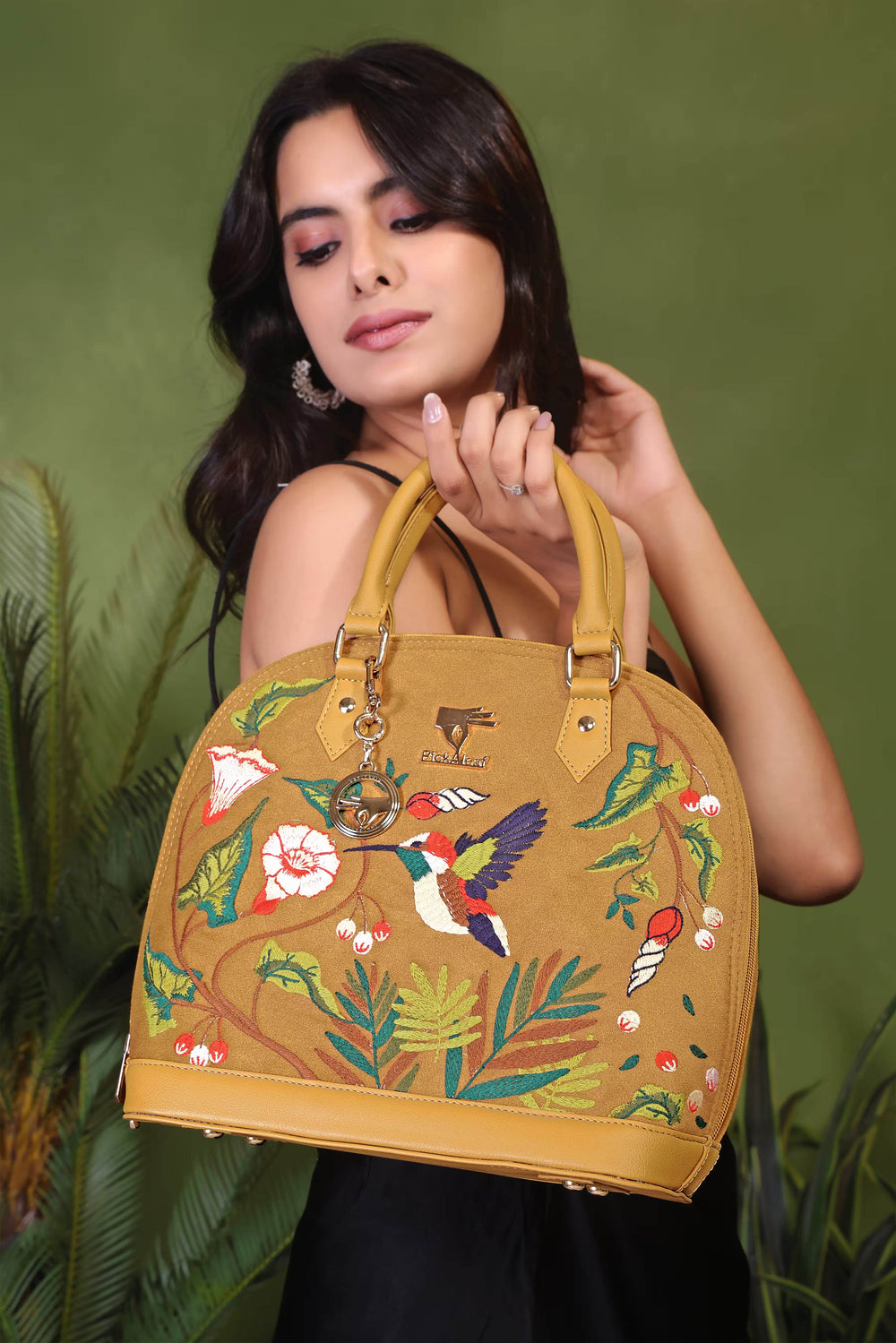 Mustard embroidered unique handbag for women in vegan leather by PickAleaf, cruelty free, for work, meetings and formal use