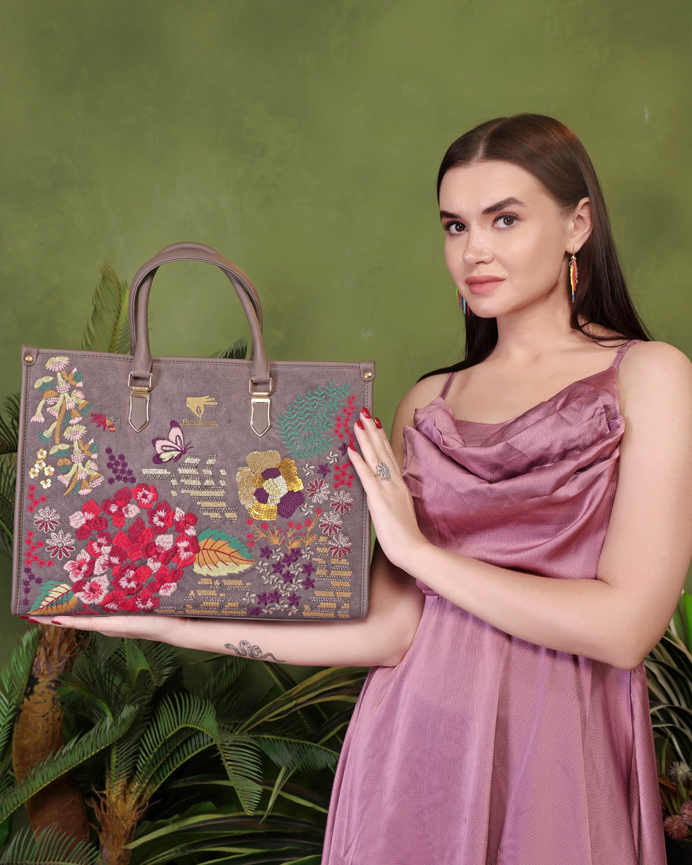 Grey embroidered tote bag for women in cruelty free vegan leather by PickAleaf with structured design for office and daily use