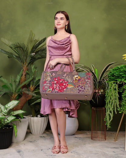 Gray Embroidery Designer Garden Grey Duffel Bag
