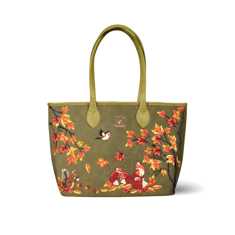 Olive green designer embroidered tote bag for women in vegan leather by PickAleaf for daily use, travel and shopping