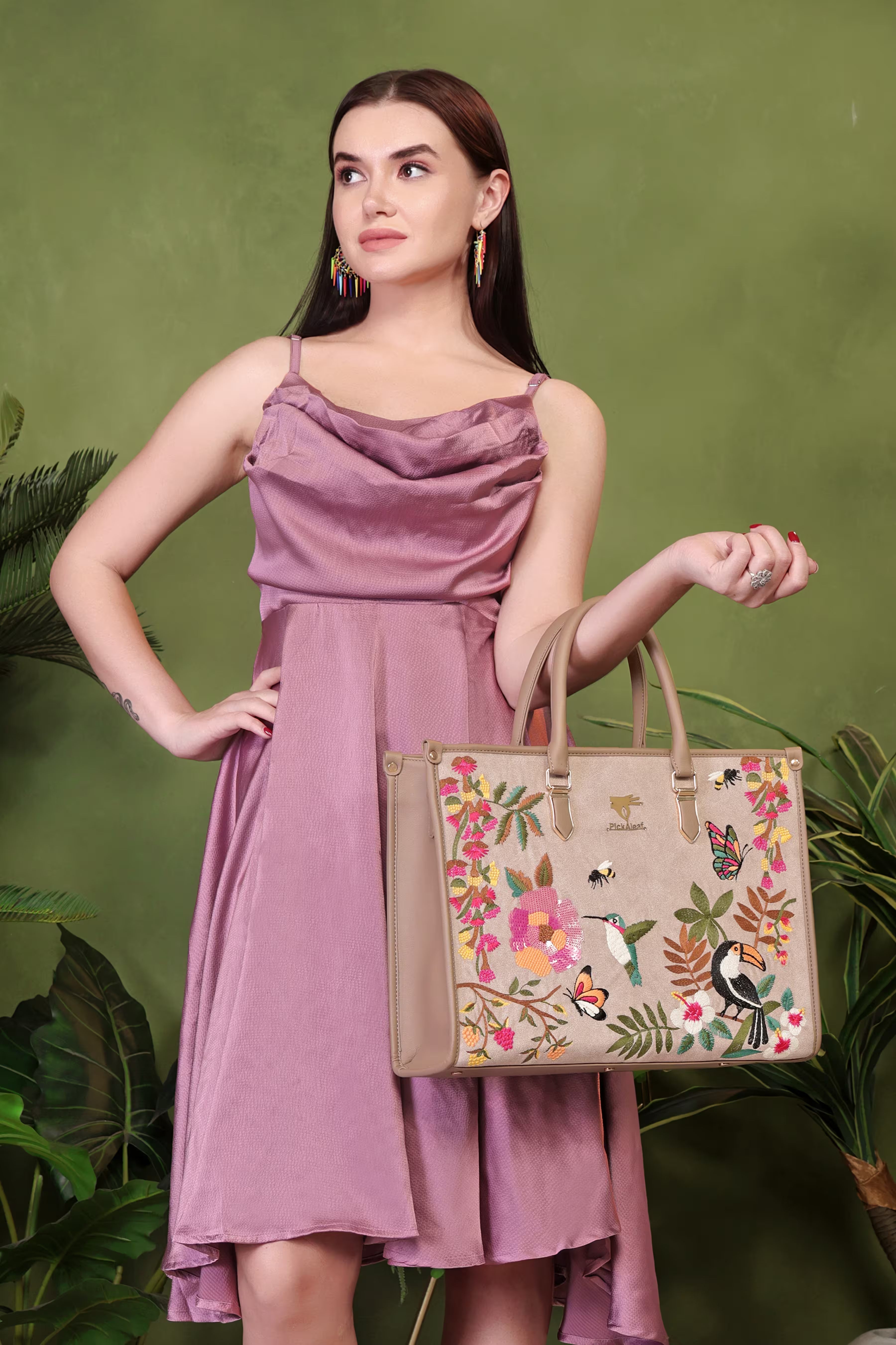 Beige Embroidery Mystic Garden Shoulder Bag