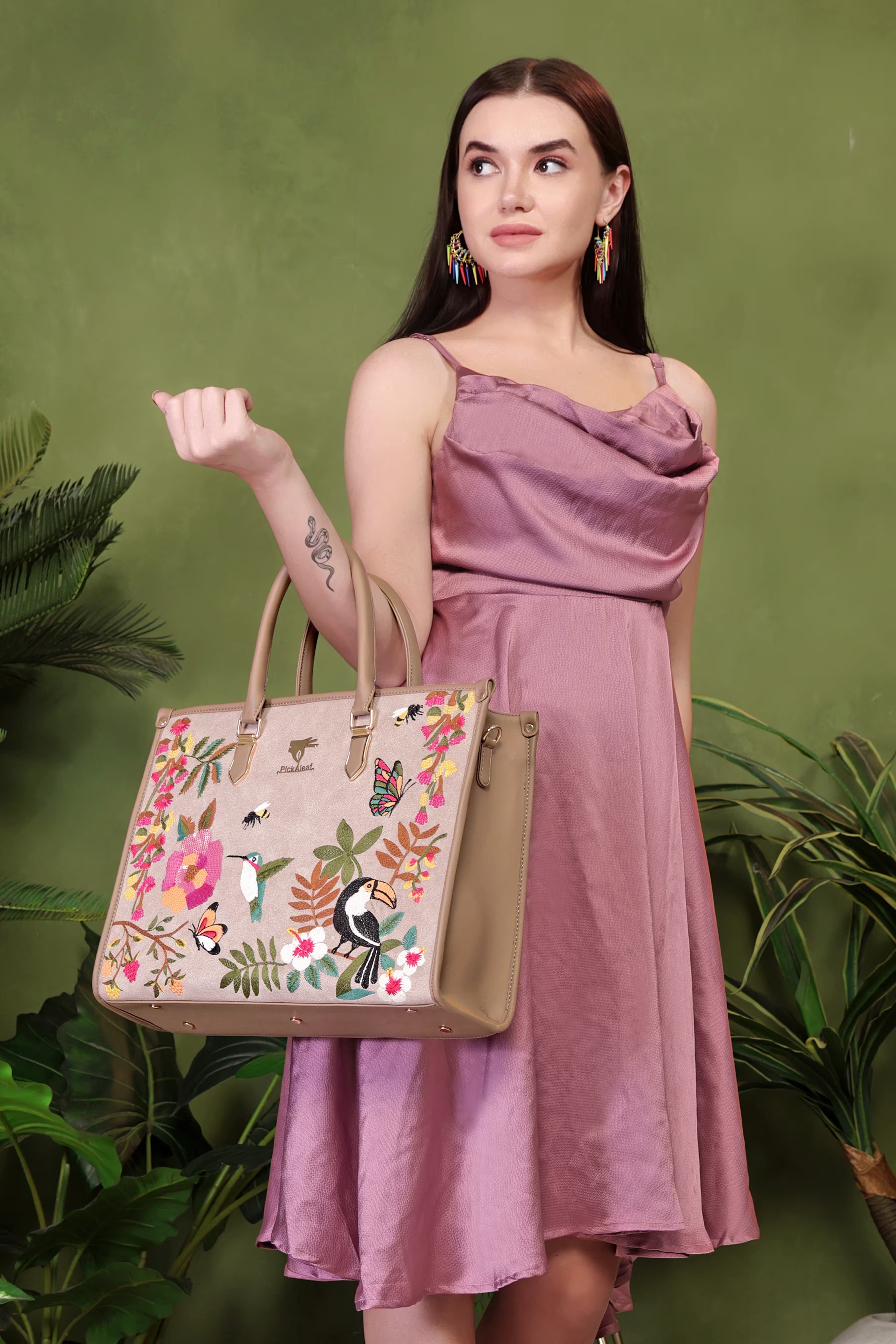 Beige Embroidery Mystic Garden Shoulder Bag