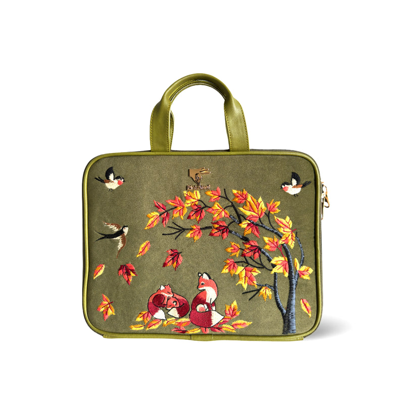 Olive green travel laptop sleeve 13 to 16 inch for MacBook and ultrabook in vegan leather by PickAleaf for commute and travel use