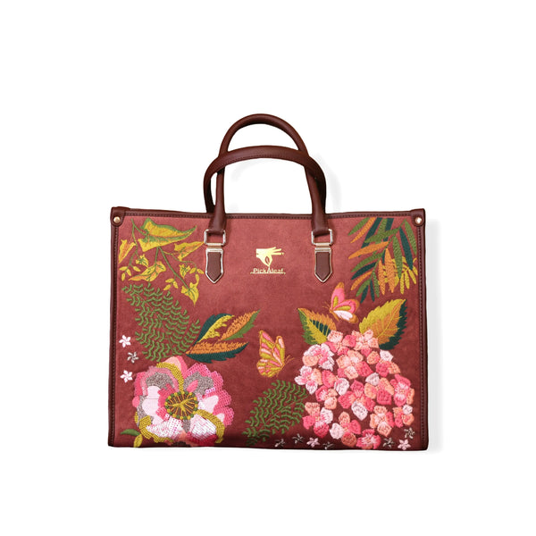 Large Tote Bag in Vegan Leather | Embroidered | Brown | PickAleaf