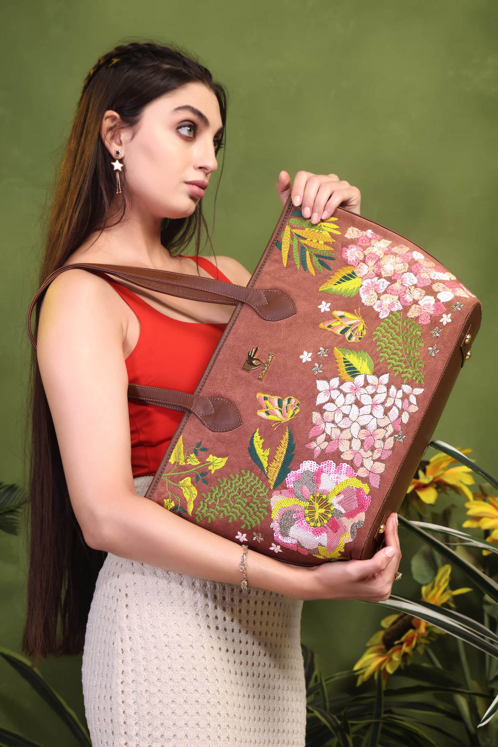 Brown floral embroidered tote bag for women in vegan leather by PickAleaf for daily use, travel, shopping and gifting