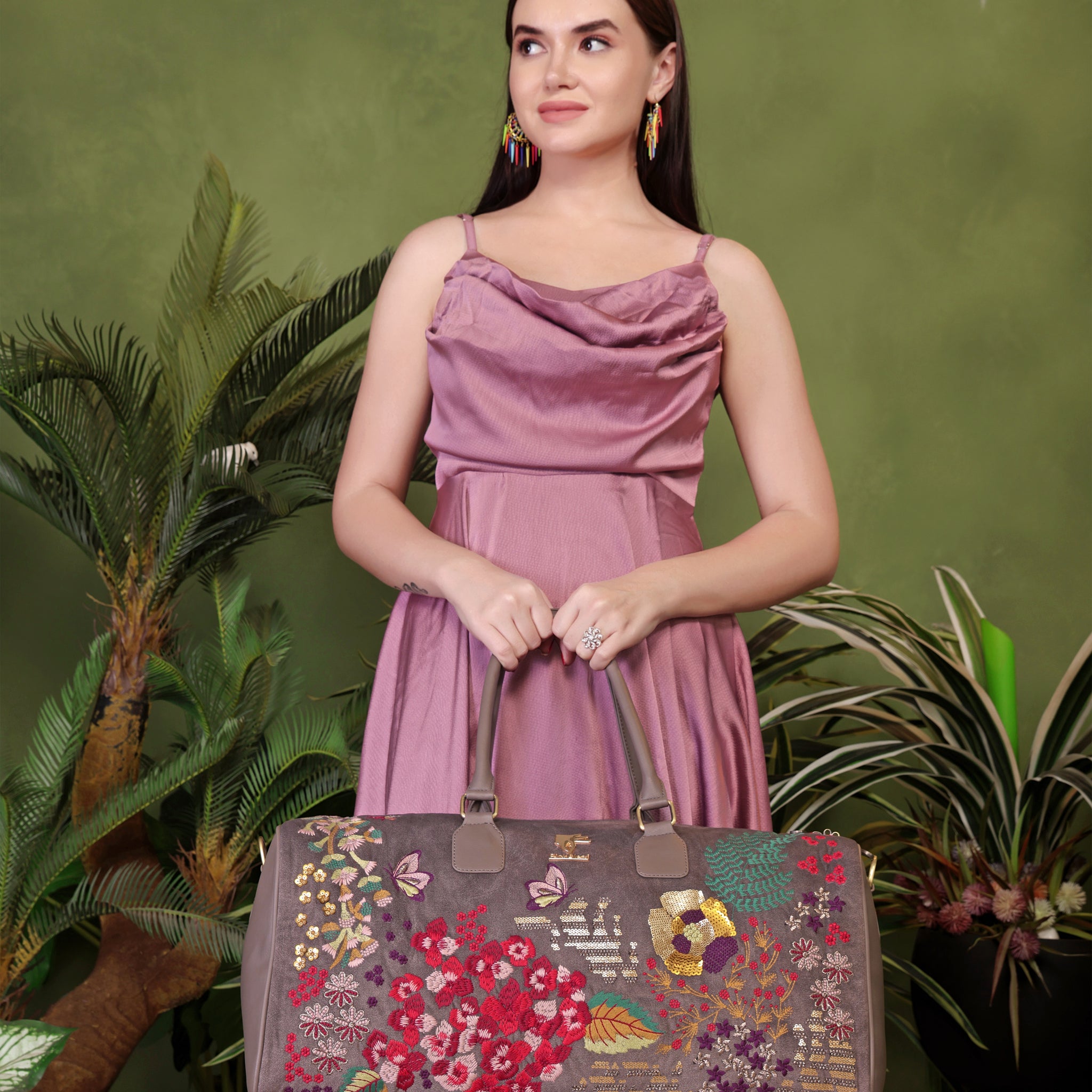 Grey Embroidery Designer Garden Grey Duffel Bag