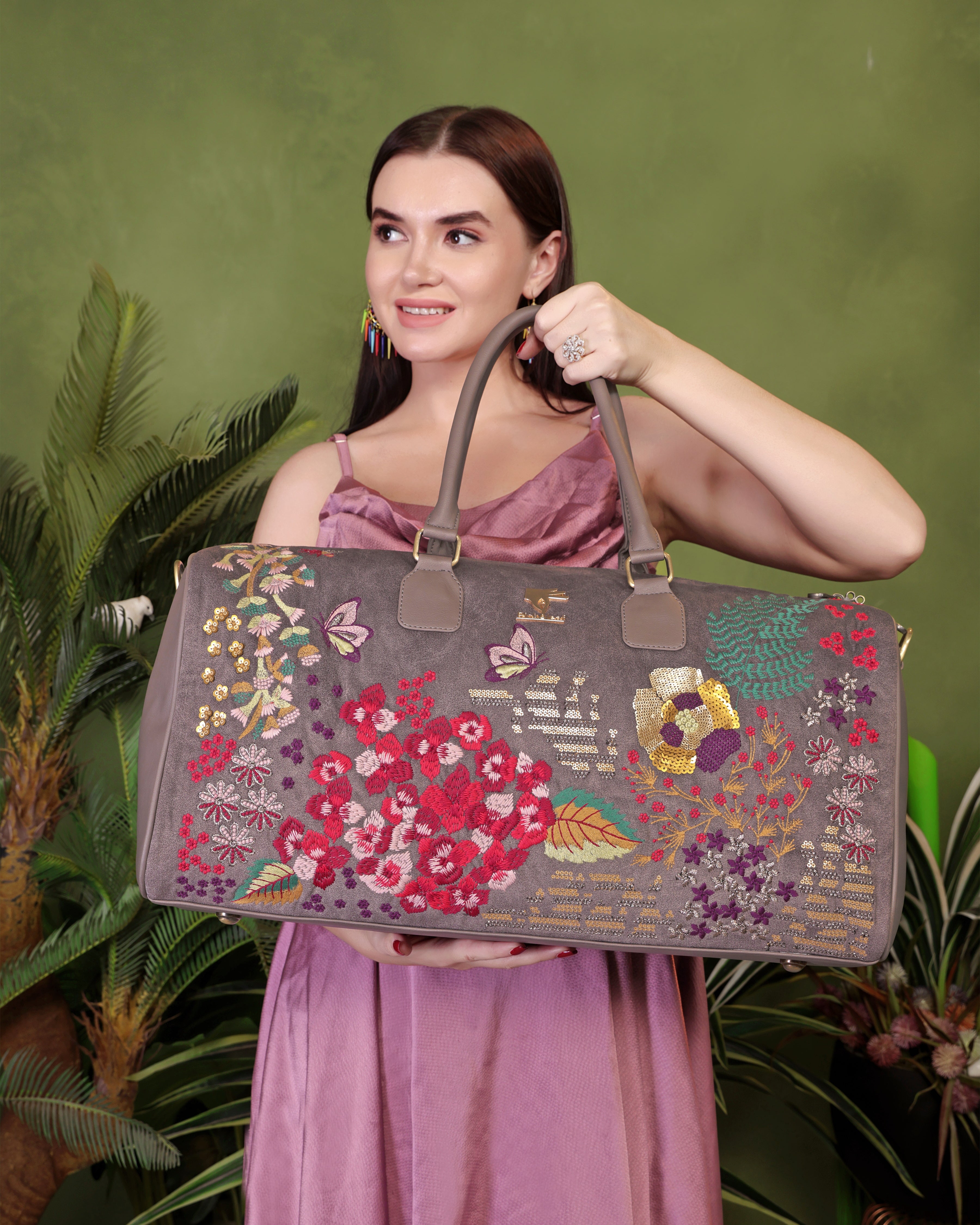 Grey Embroidery Designer Garden Grey Duffel Bag