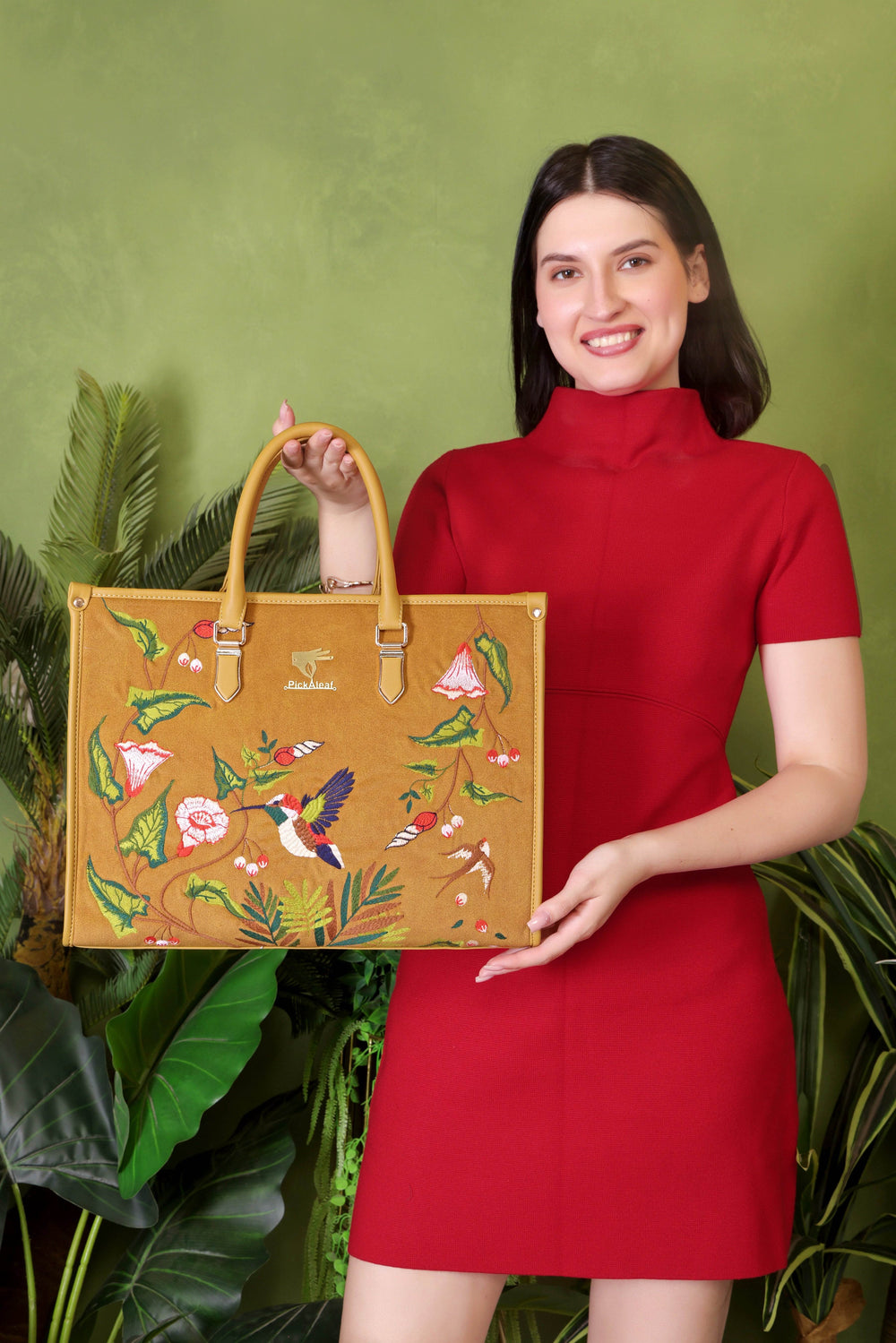 Mustard embroidered large tote bag for women in cruelty free vegan leather by PickAleaf with laptop pocket and organized compartments