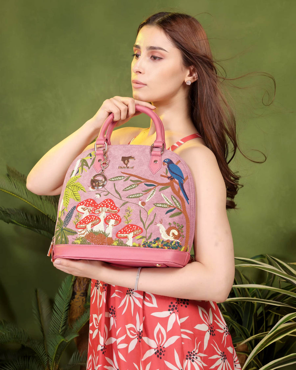 Pink embroidered bridal handbag for women in vegan leather by PickAleaf, cruelty free for weddings, gifting and special occasions.