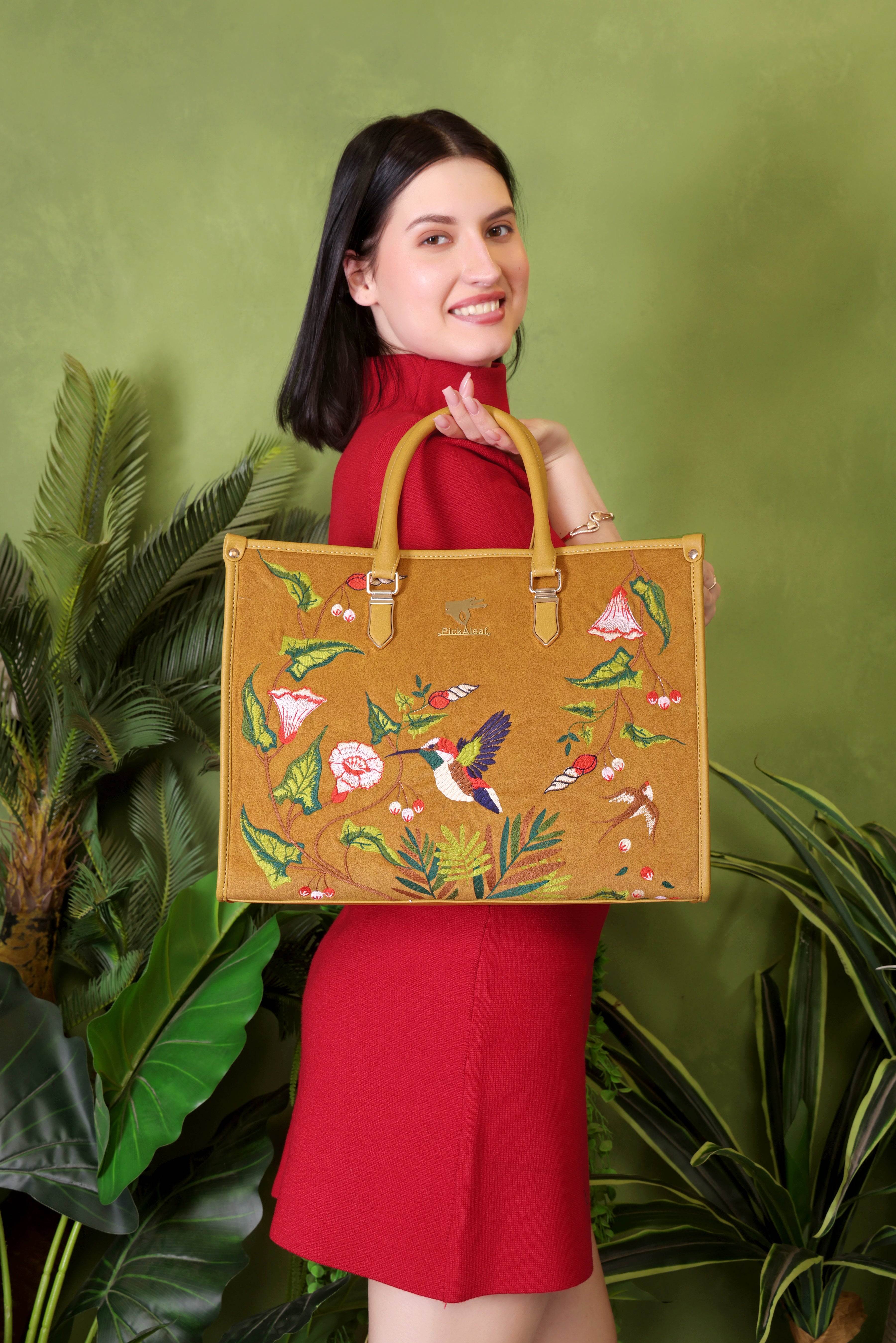 Mustard embroidered large tote bag for women in cruelty free vegan leather by PickAleaf with laptop pocket and organized compartments