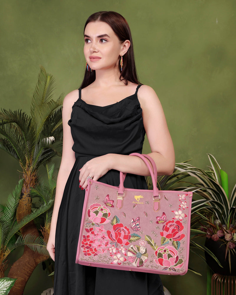Pink wedding tote bag for women in cruelty free vegan leather by PickAleaf with embroidered design for wedding events and special occasions