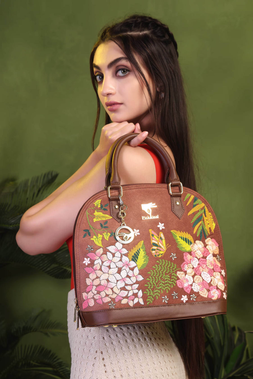 Brown embroidered handbag for women in vegan leather by PickAleaf, cruelty free with floral design for parties, weddings and daily use