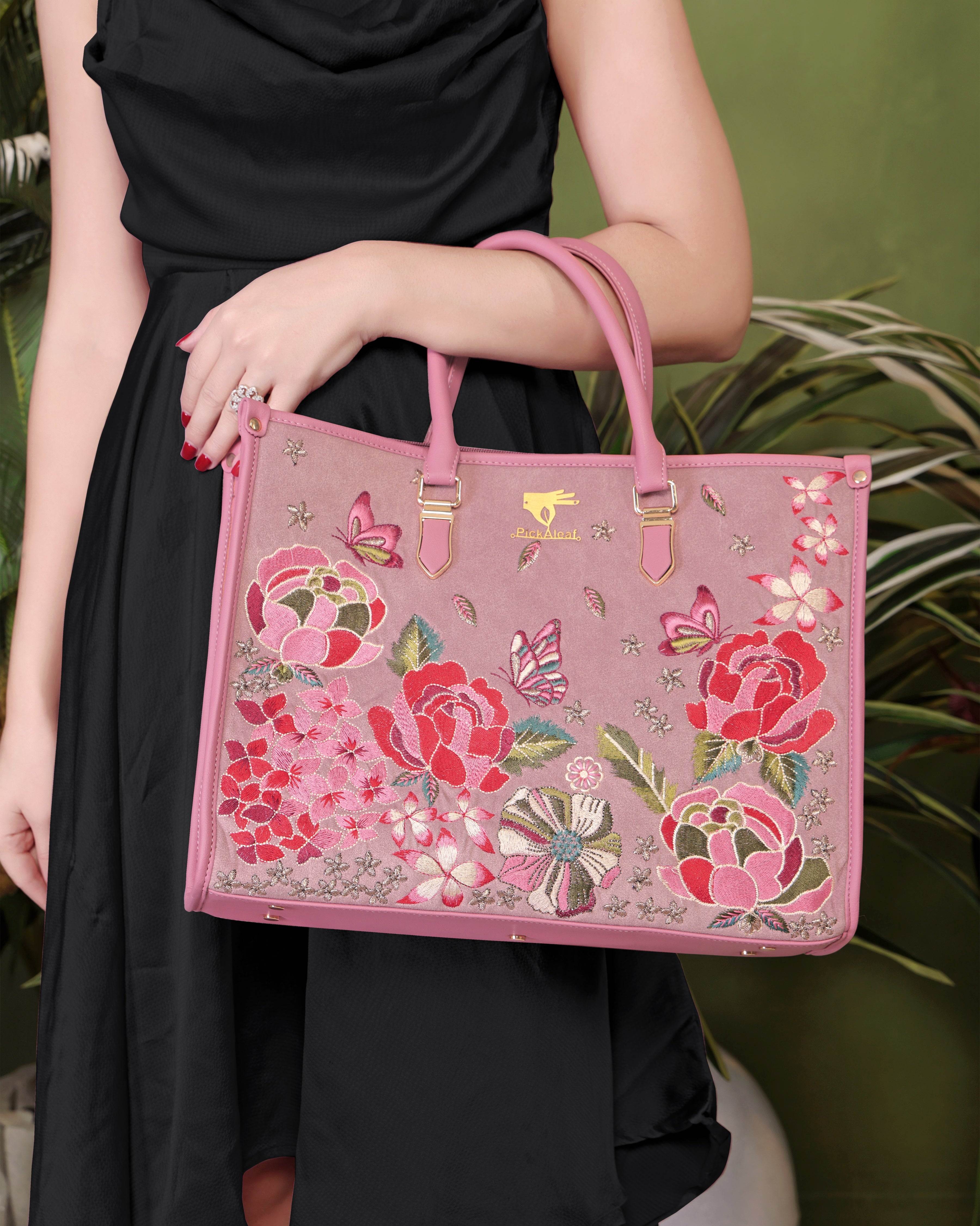 Pink wedding tote bag for women in cruelty free vegan leather by PickAleaf with embroidered design for wedding events and special occasions