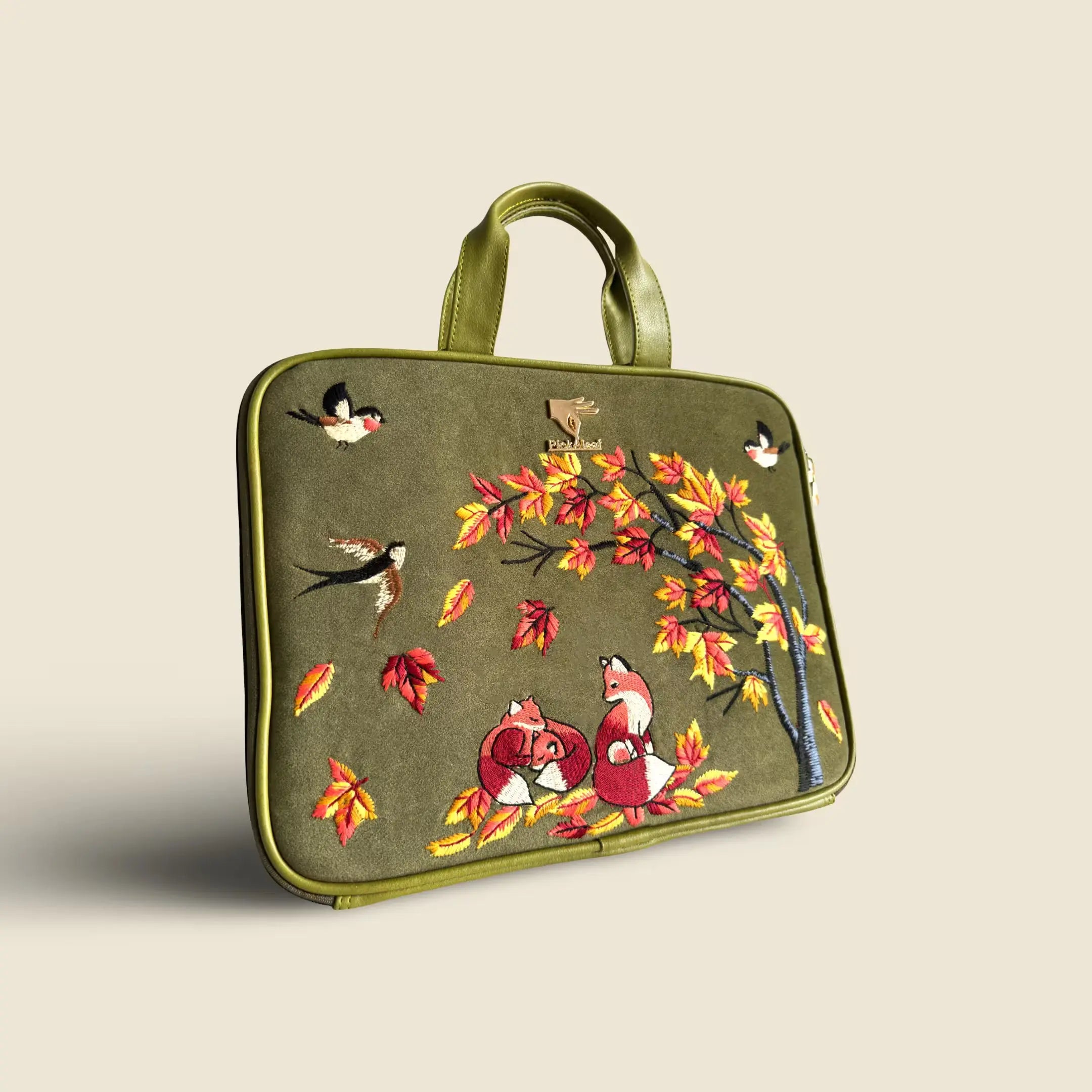 Olive green Autumn Whisper embroidered laptop sleeve.