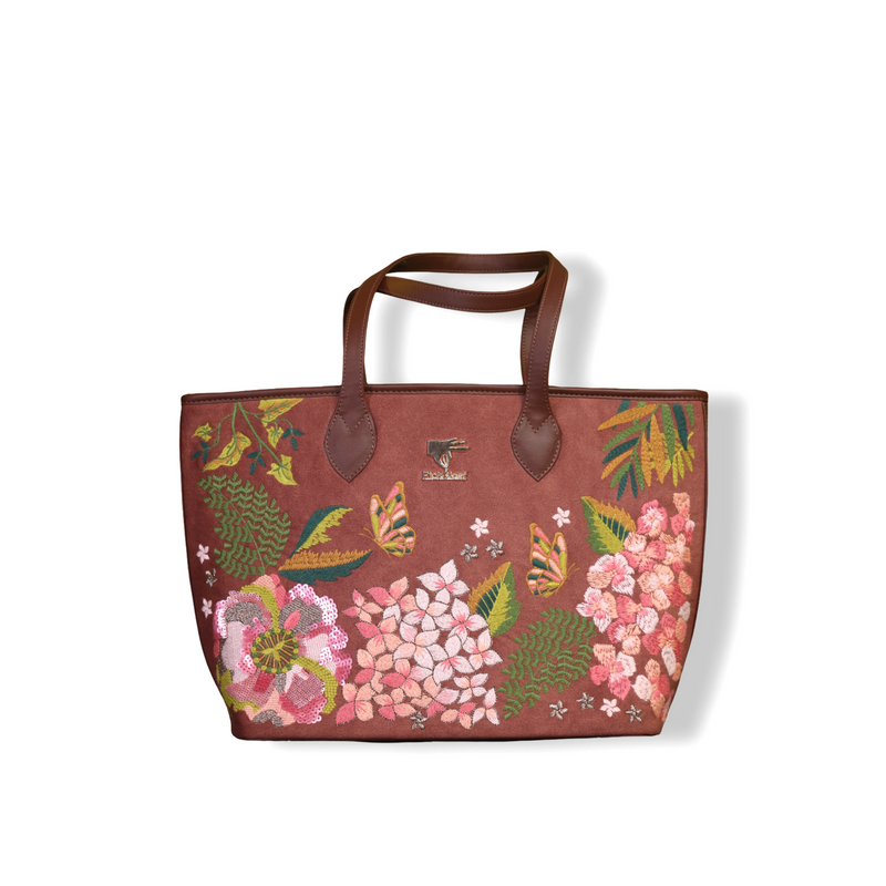 Brown floral embroidered tote bag for women in vegan leather by PickAleaf for daily use, travel, shopping and gifting