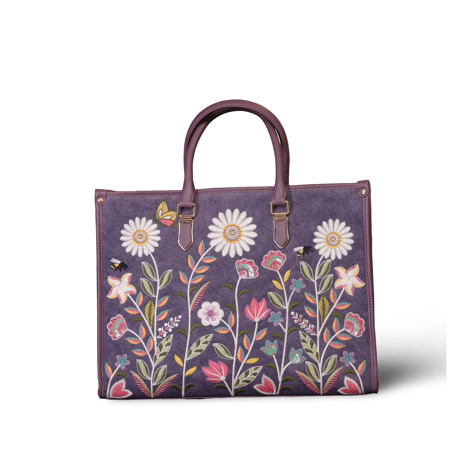 Purple embroidered work tote bag for women in cruelty free vegan leather by PickAleaf with laptop compartment and organized storage