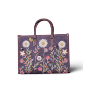 Purple embroidered work tote bag for women in cruelty free vegan leather by PickAleaf with laptop compartment and organized storage