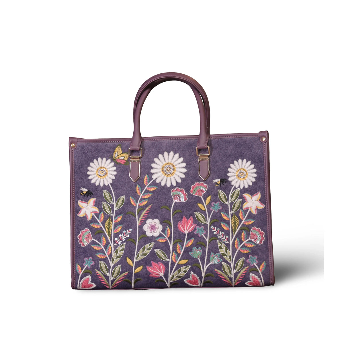Purple embroidered work tote bag for women in cruelty free vegan leather by PickAleaf with laptop compartment and organized storage