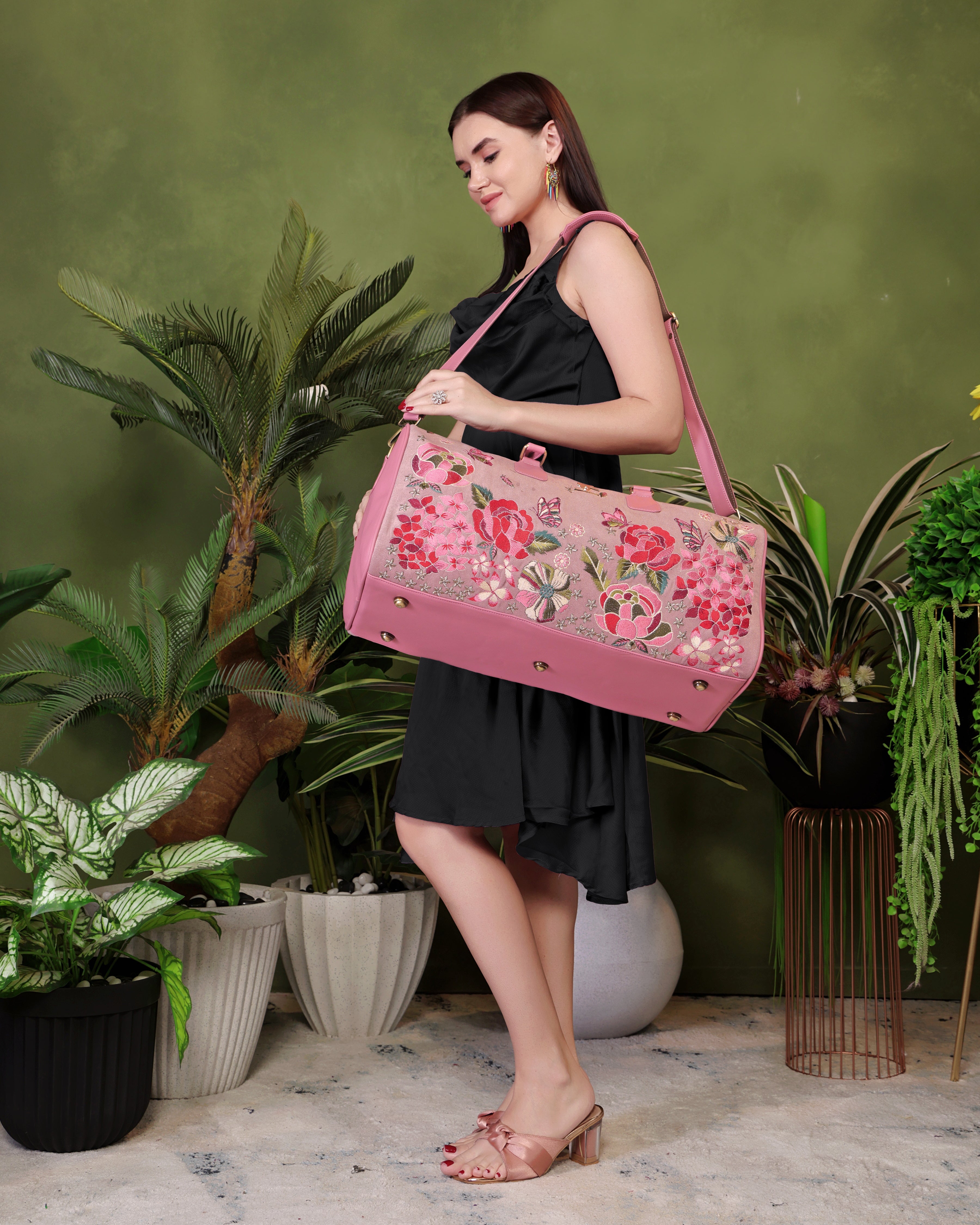 Pink Embroidery The Petal Eden Duffel Bag