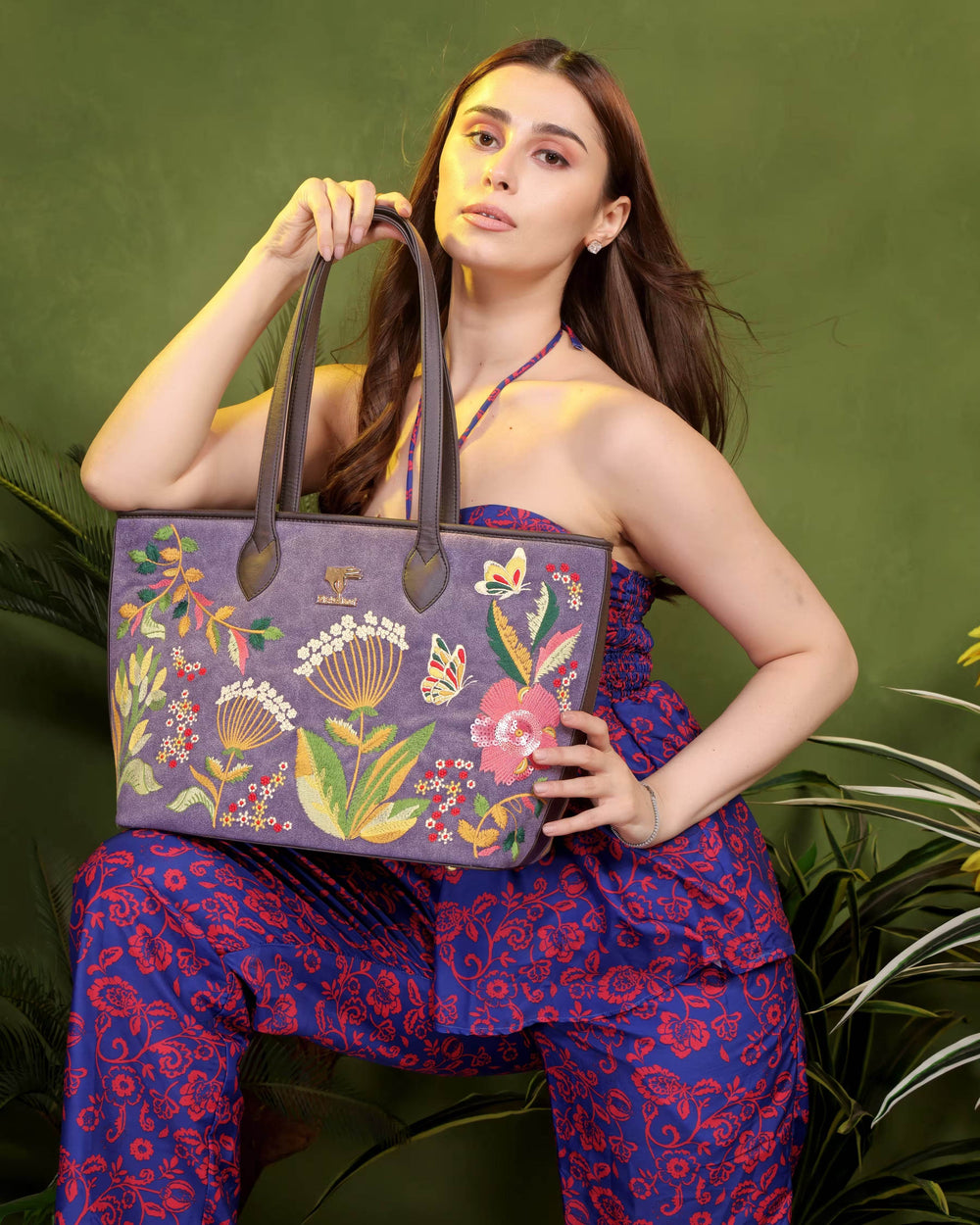 Purple embroidered tote bag for women in vegan leather by PickAleaf for daily use, travel, occasions and gifting