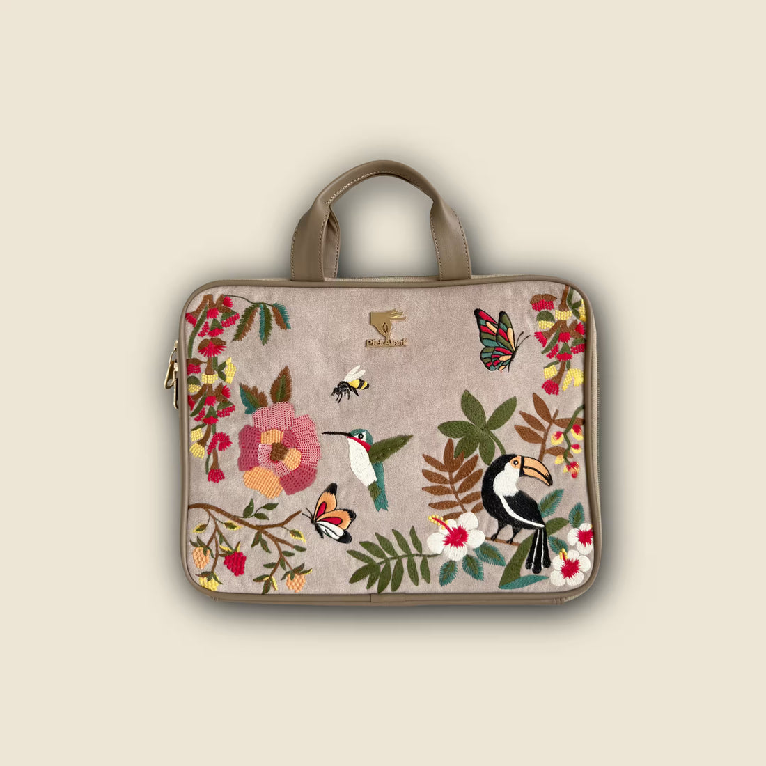Beige Embroidered Suede Velvet Laptop Sleeve