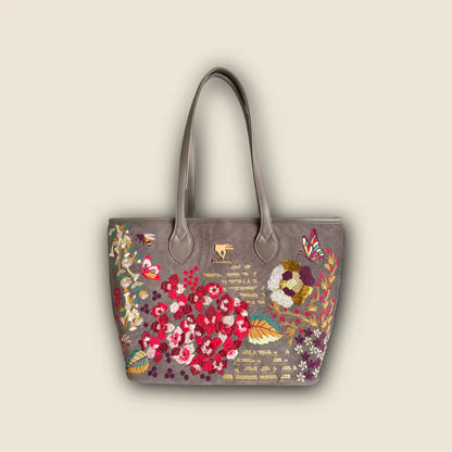 Gray Embroidery Vegan Leather Tote Bag | Function, Gift & Travel