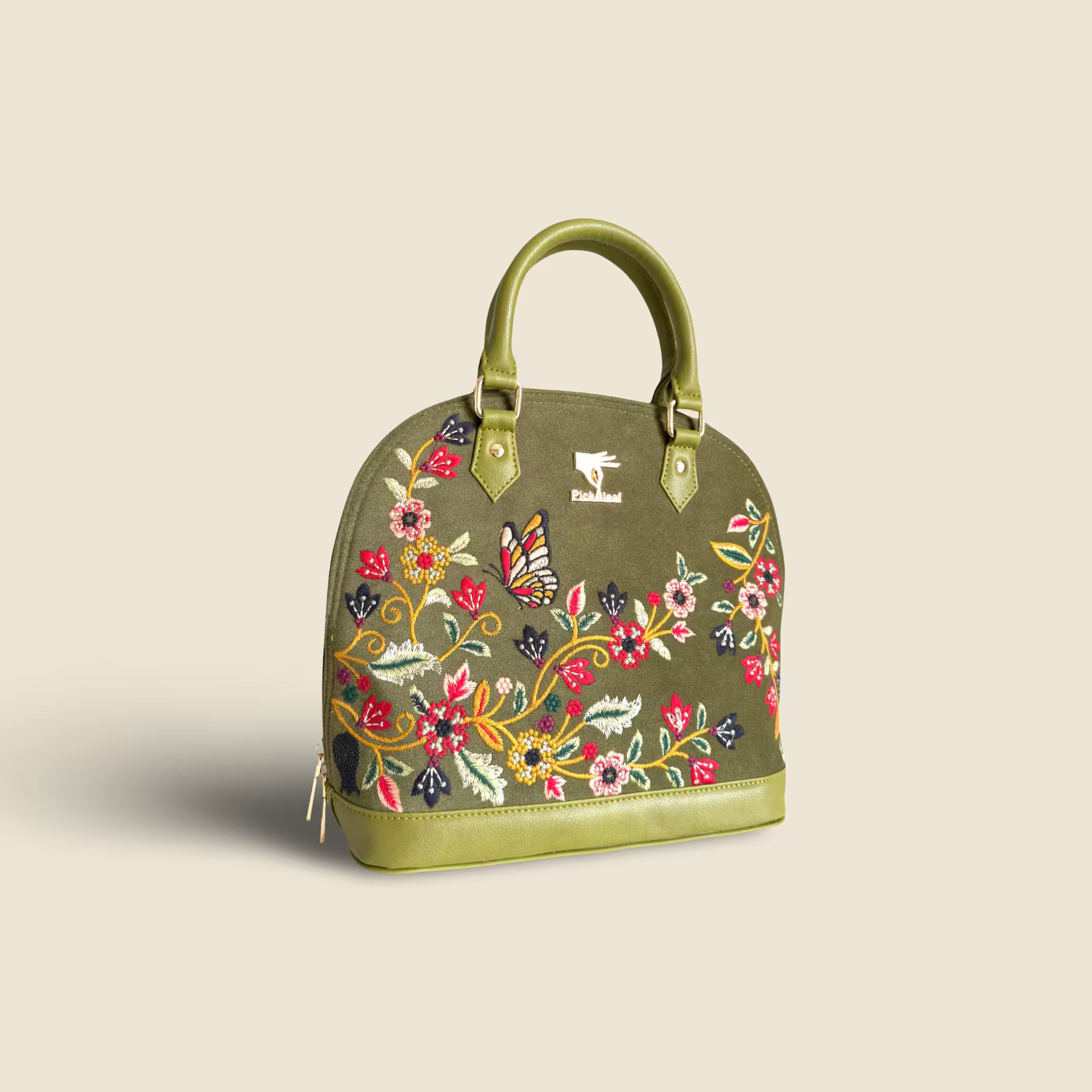 Olive Green Embroidery Waves Handbag