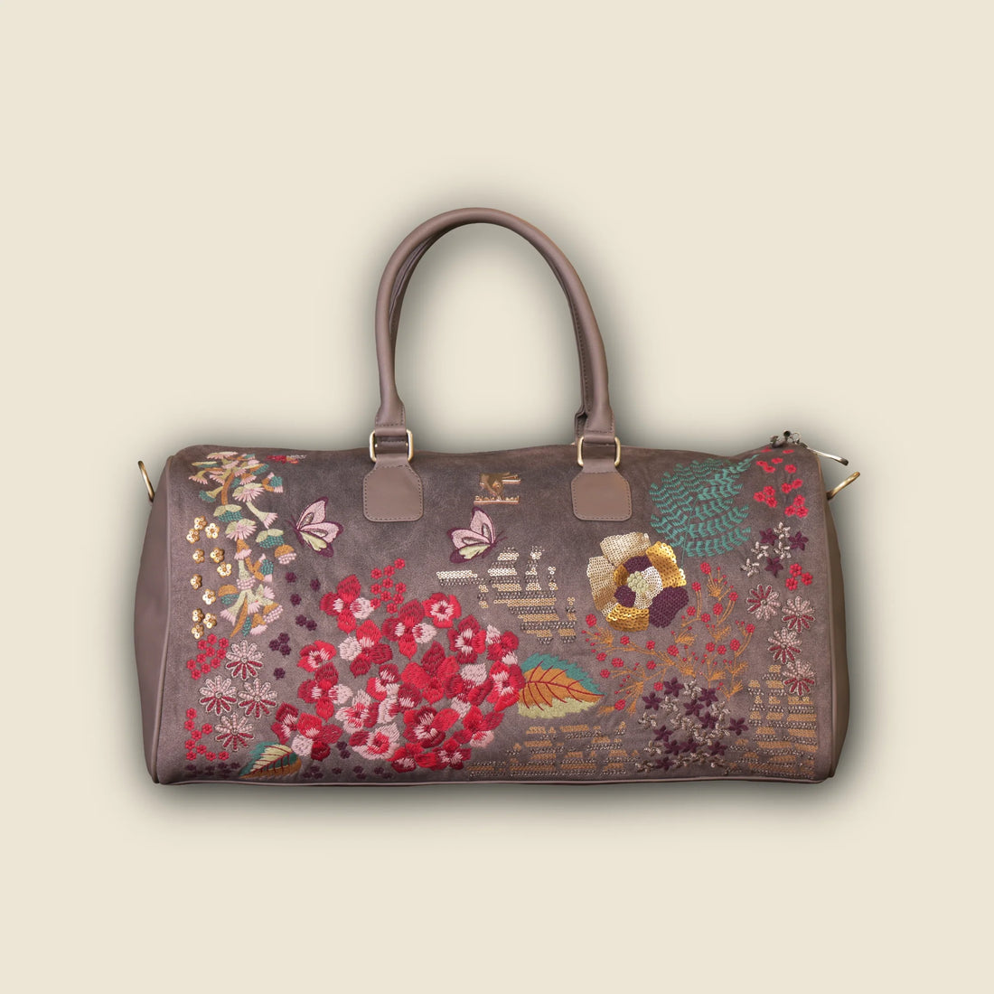 Grey Embroidery Designer Garden Grey Duffel Bag