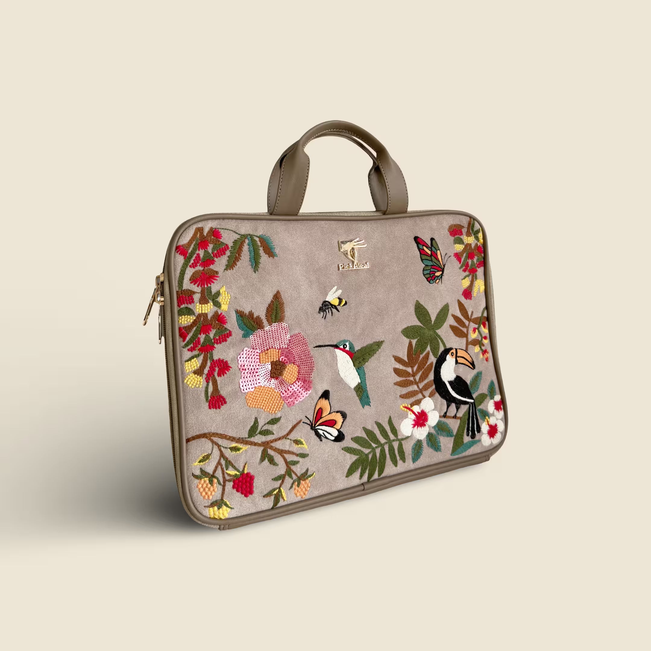 Beige Embroidered Suede Velvet Laptop Sleeve