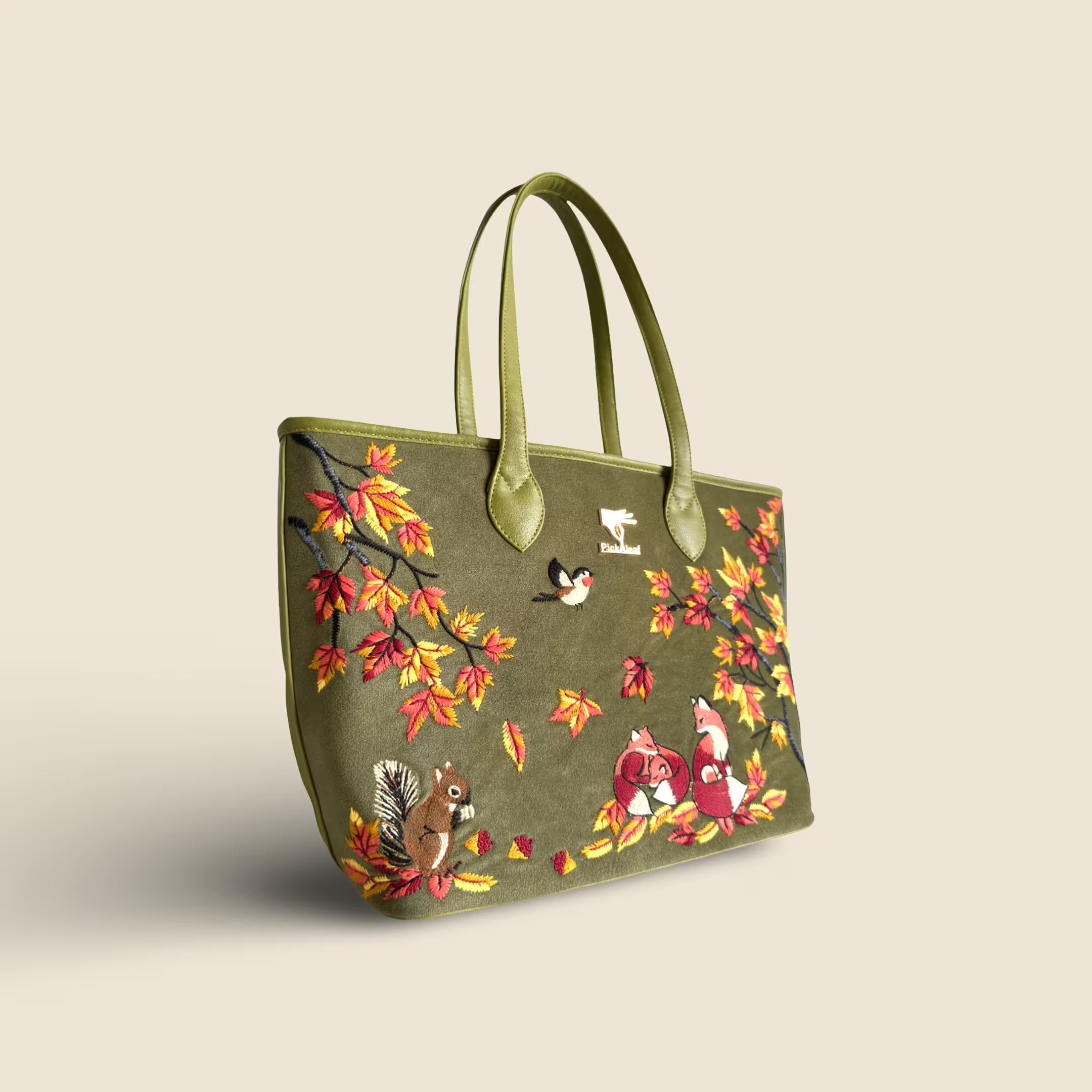 Olive Green Embroidery Autumn Whisper Tote Bag | Work, Travel & Office