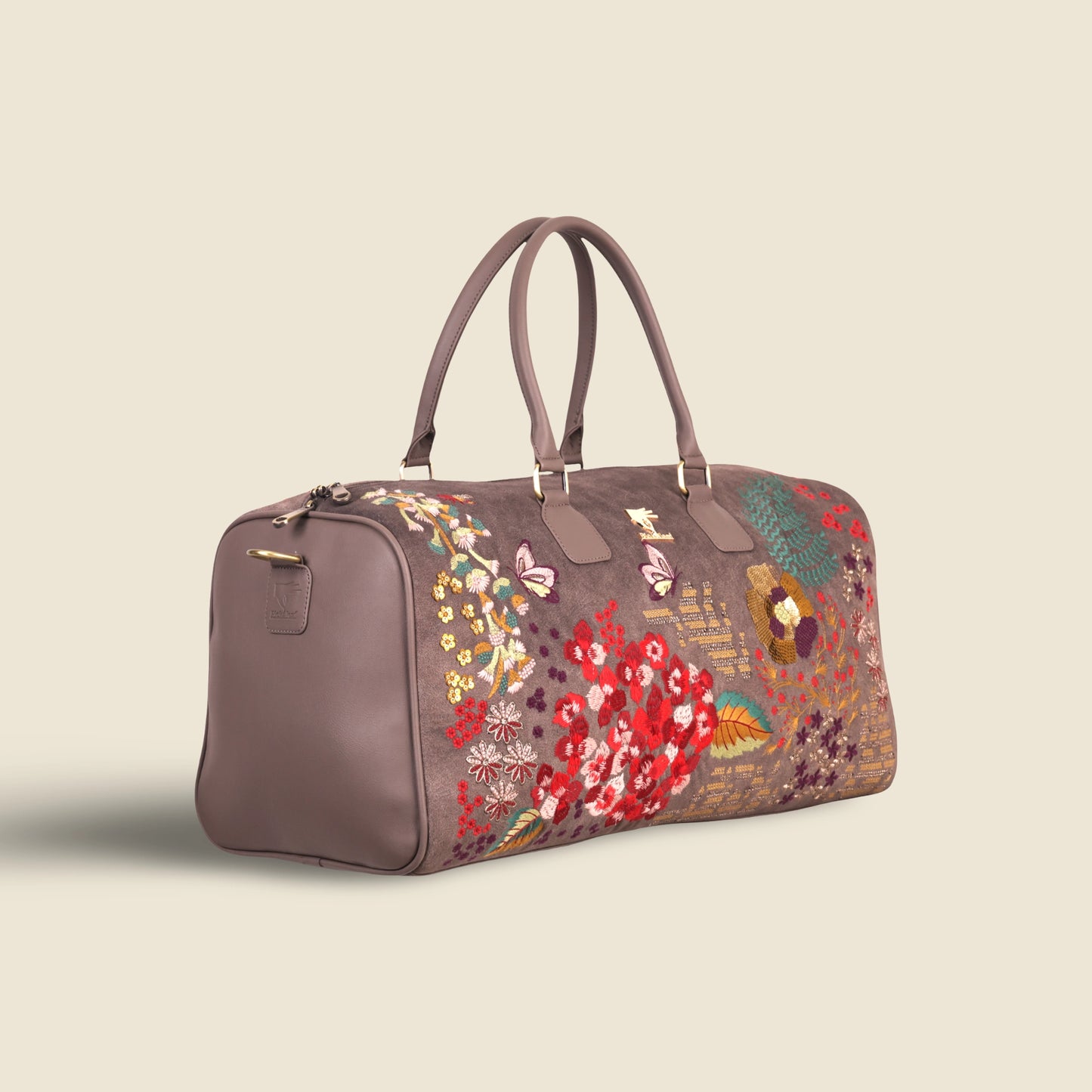 Gray Embroidery Designer Garden Grey Duffel Bag