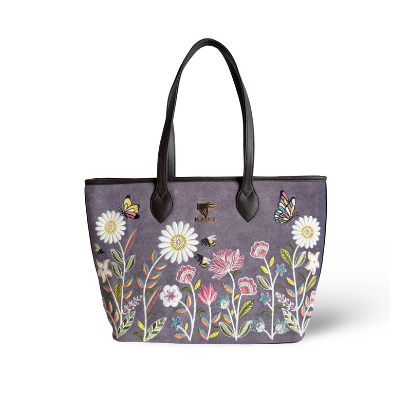 Purple embroidered ethinic tote bag for women in vegan leather by PickAleaf for travel, shopping and daily use