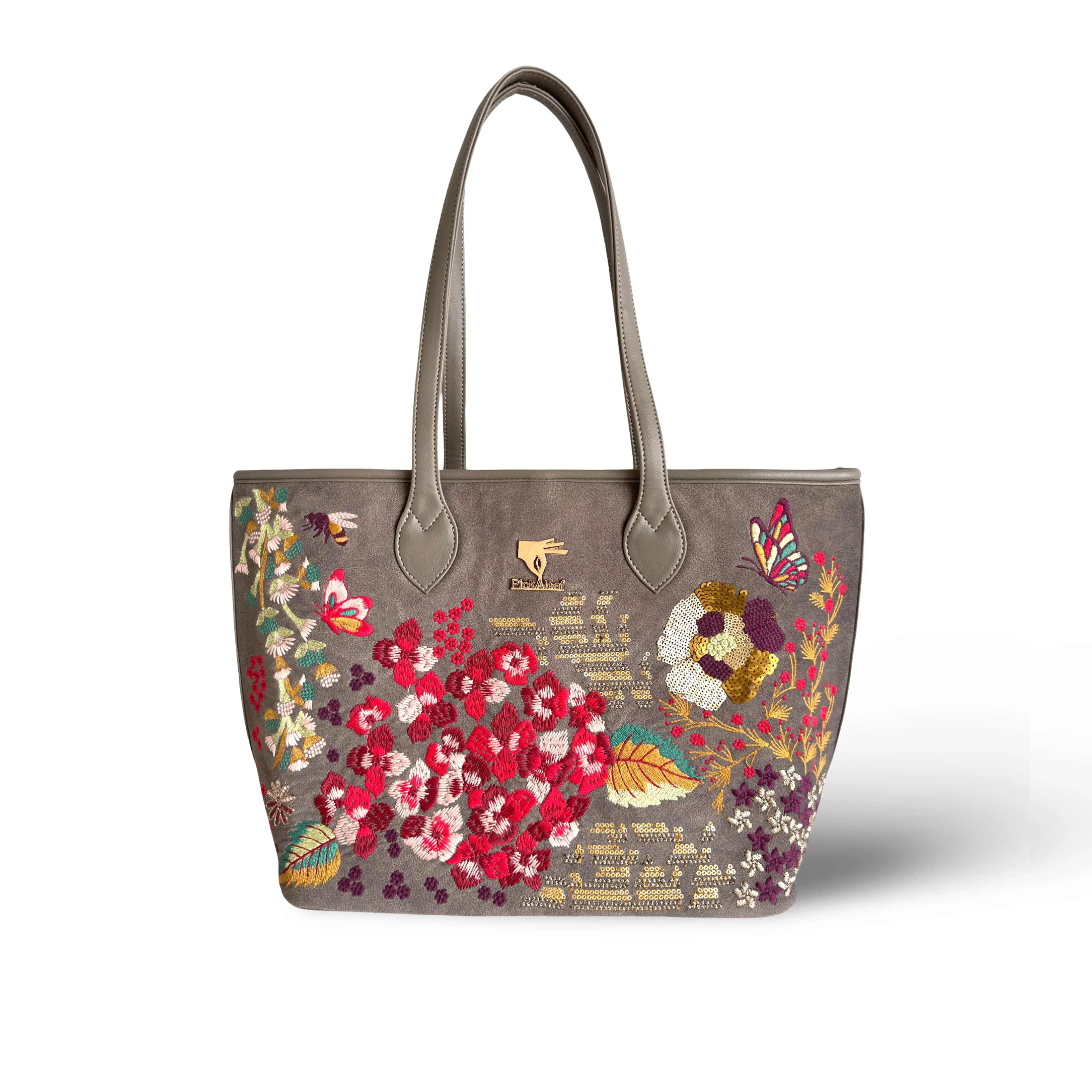 Grey laptop tote bag for women in vegan leather embroidery by PickAleaf with structured design for office, travel and daily use