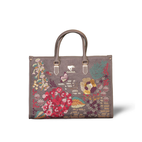 Women Tote Bag in Vegan Leather | Emroidered | Grey | PickAleaf