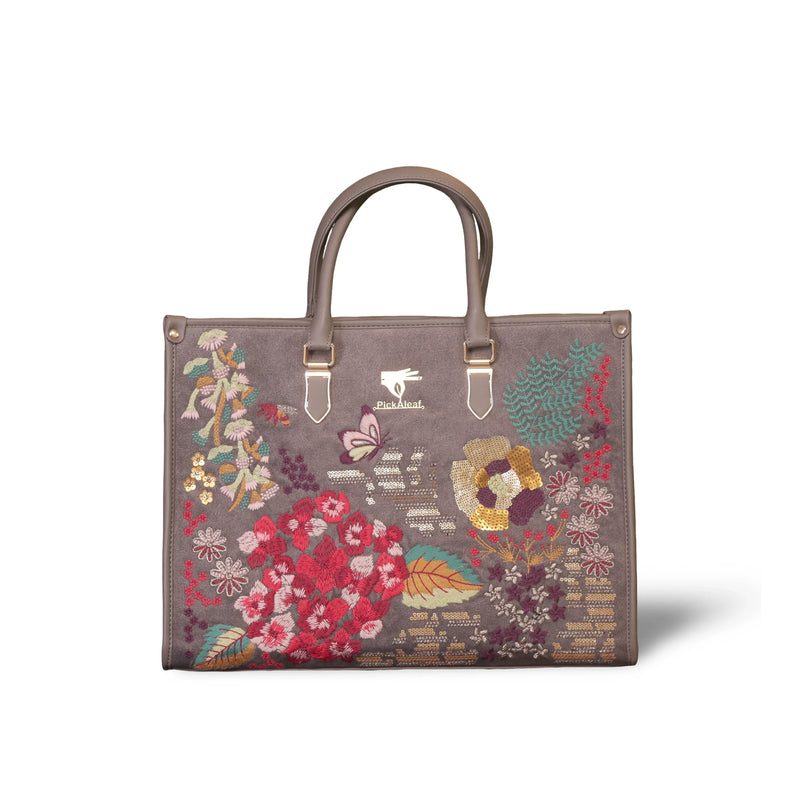 Grey embroidered tote bag for women in cruelty free vegan leather by PickAleaf with structured design for office and daily use