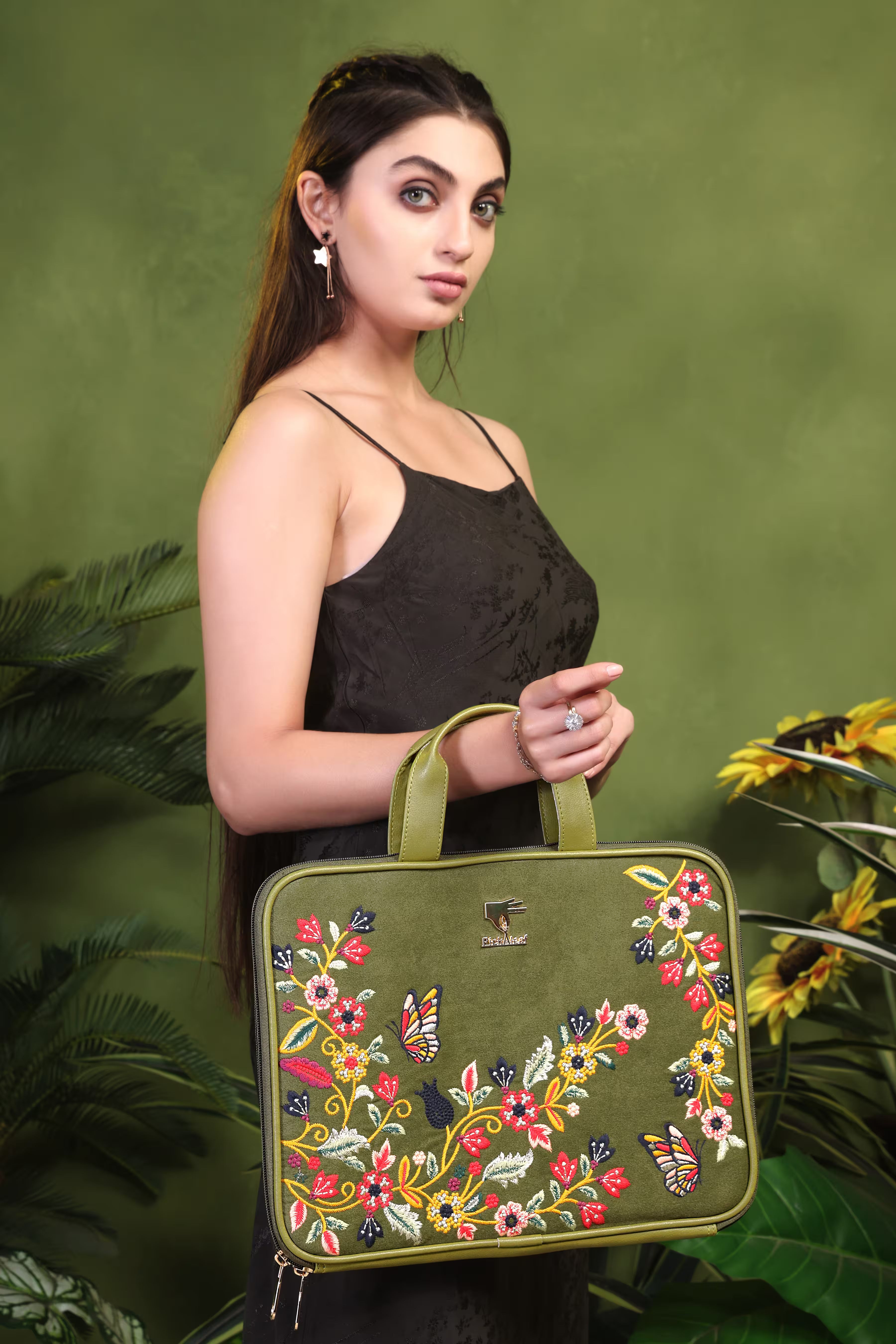 Olive green Waves embroidered laptop sleeve for office and travel.