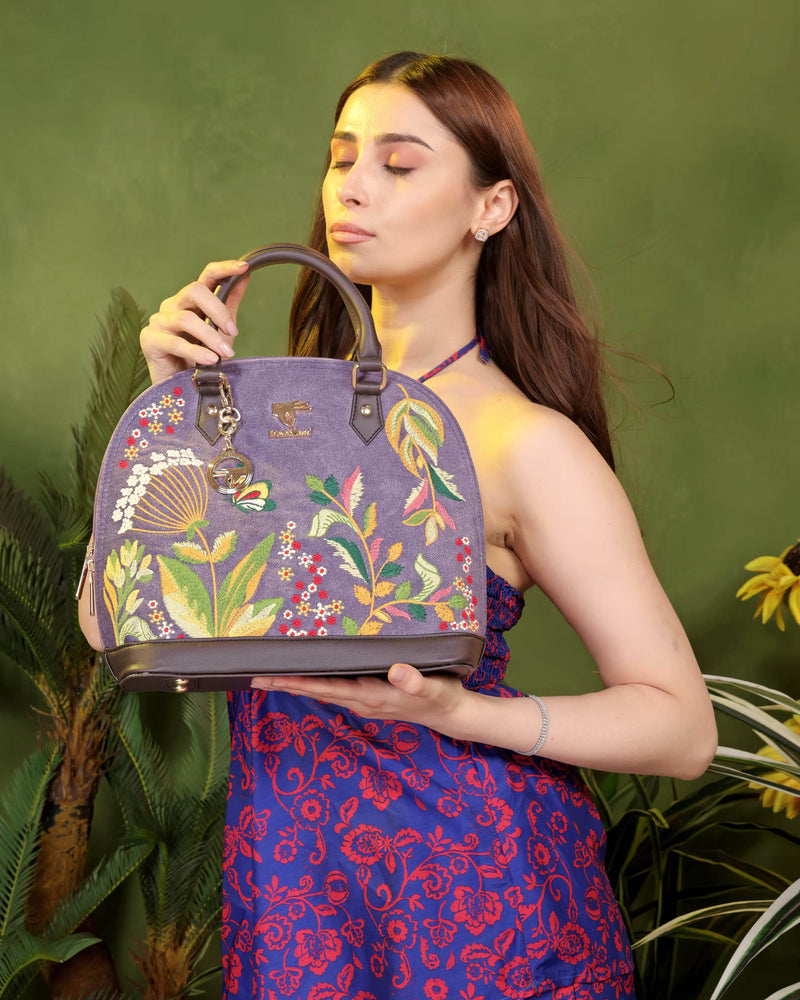 Purple embroidered top handle bag for women in vegan leather by PickAleaf, cruelty free with floral design for weddings and parties
