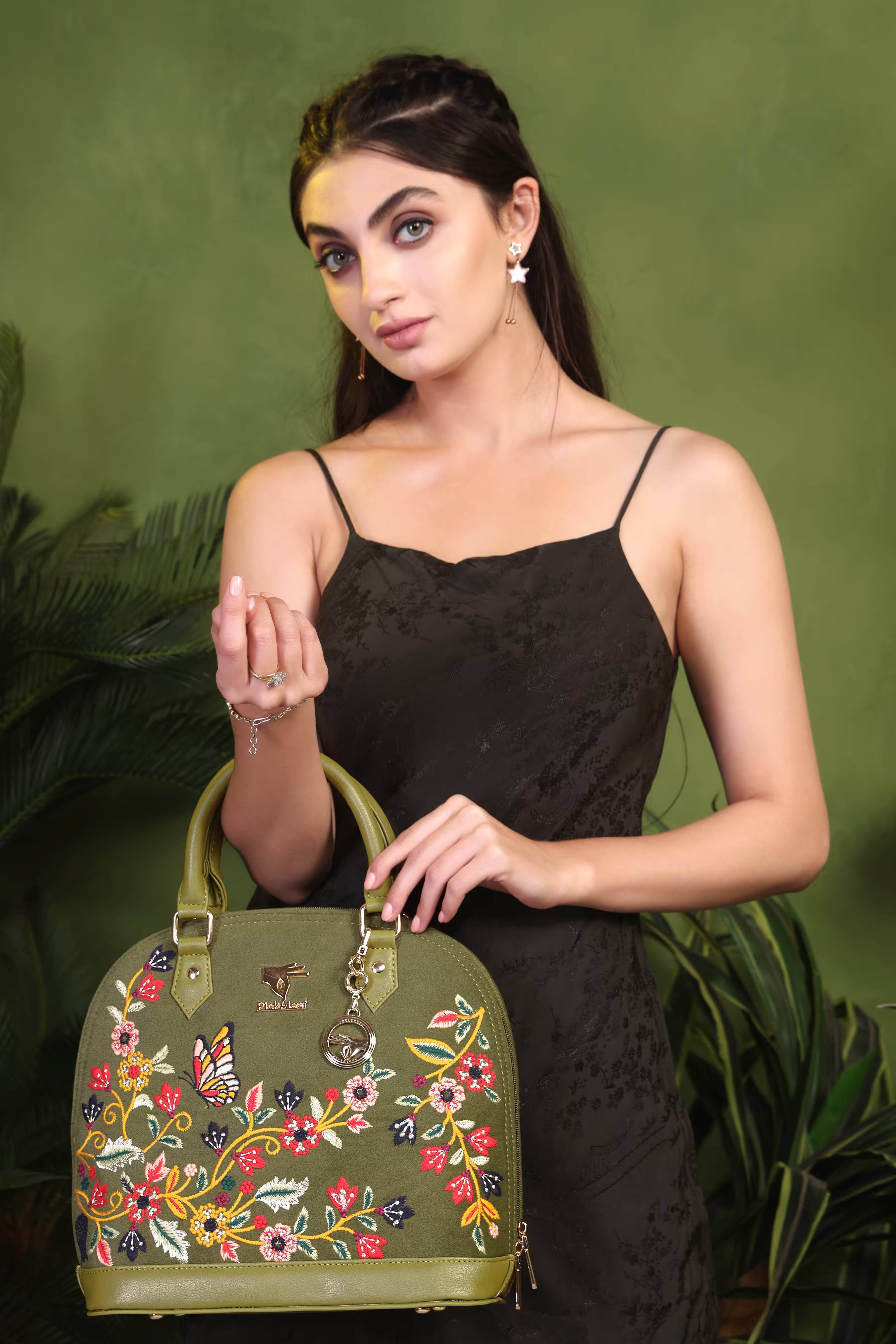 Olive green embroidered party handbag for women in vegan leather by PickAleaf, cruelty free with floral design for weddings and festive use