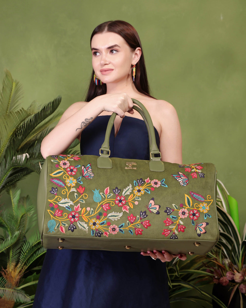 Olive green large gym bag for women in cruelty free vegan leather by PickAleaf for workouts travel and elevated daily use