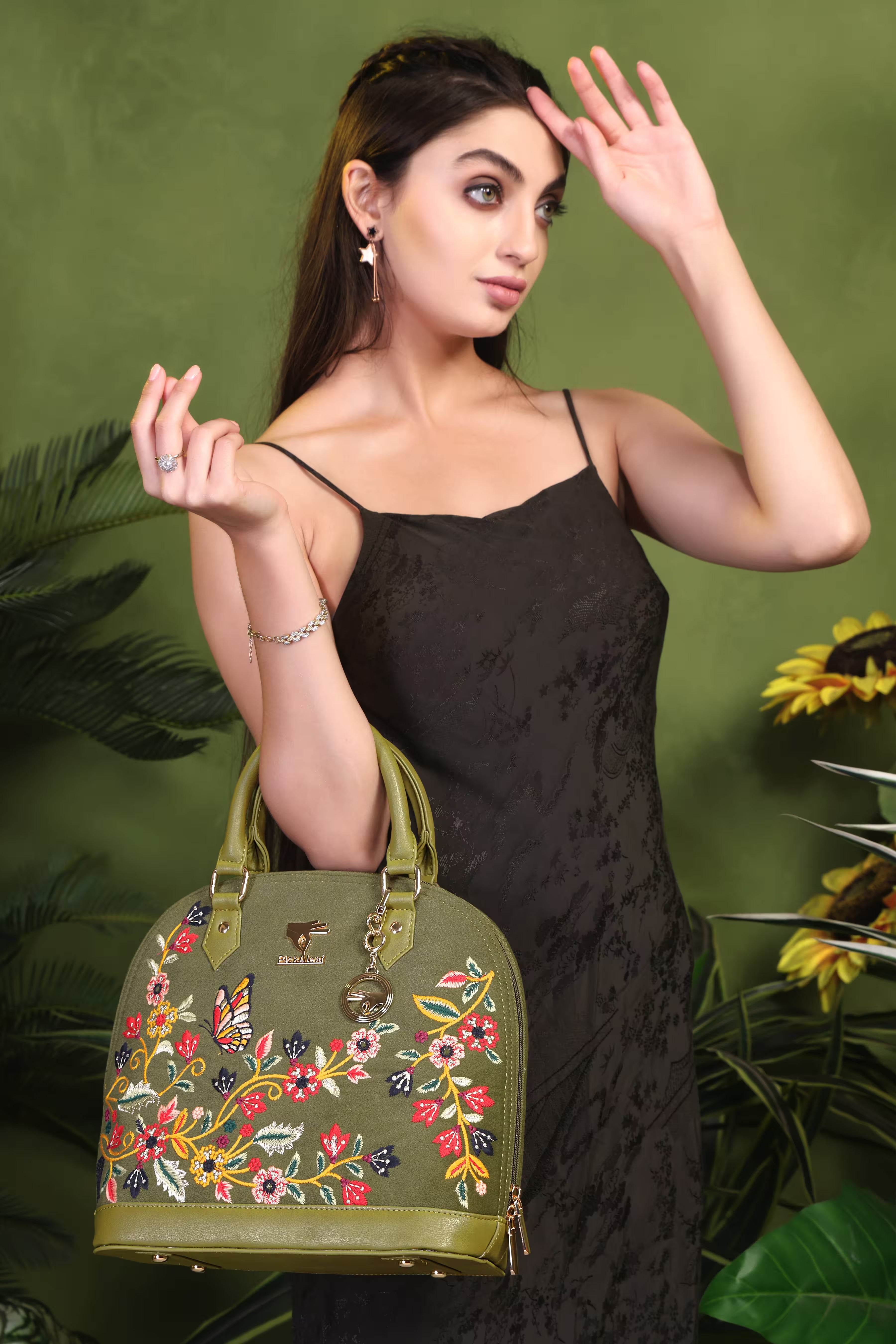 Olive green embroidered party handbag for women in vegan leather by PickAleaf, cruelty free with floral design for weddings and festive use
