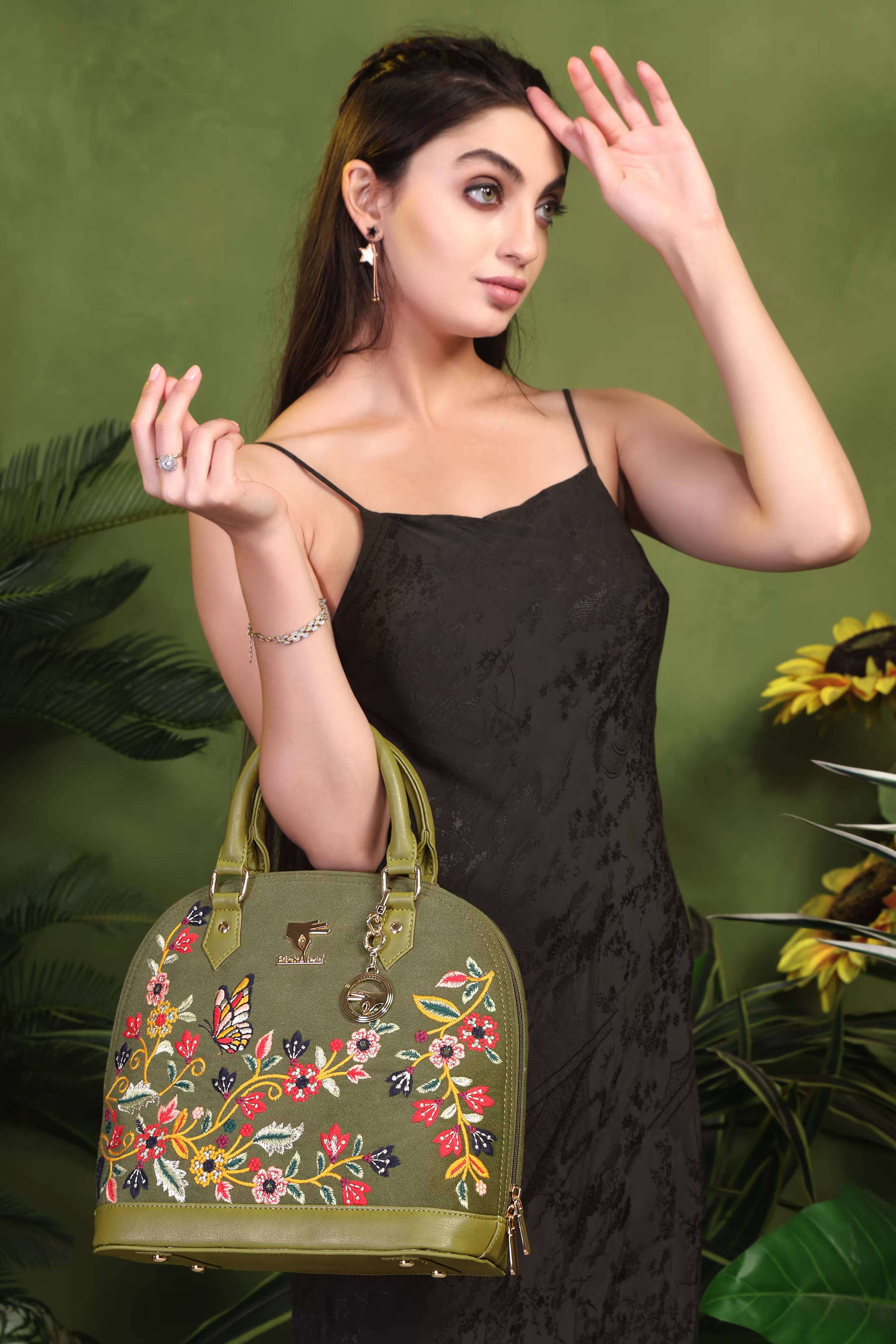 Olive Green Embroidery Waves Handbag