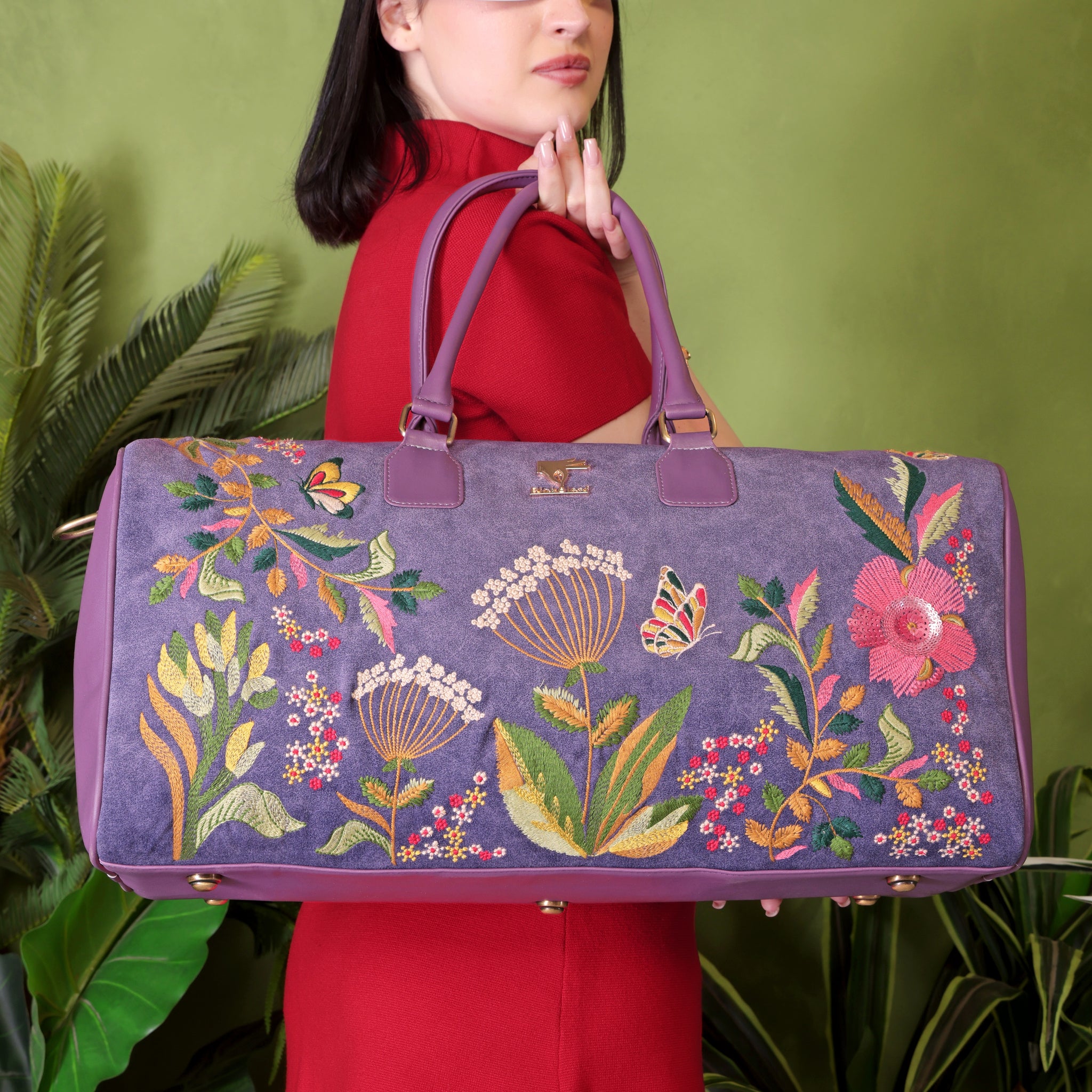 Purple Embroidery Violet Valley Duffel Bag