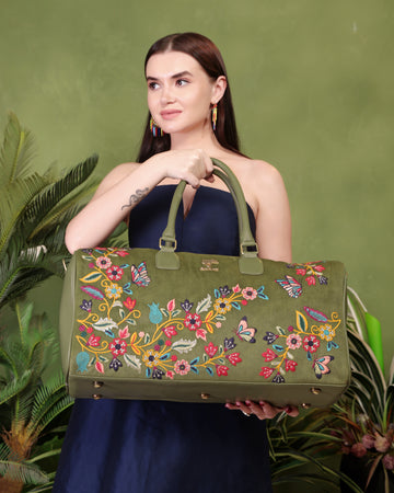 Olive Green Embroidery Waves Duffel Bag