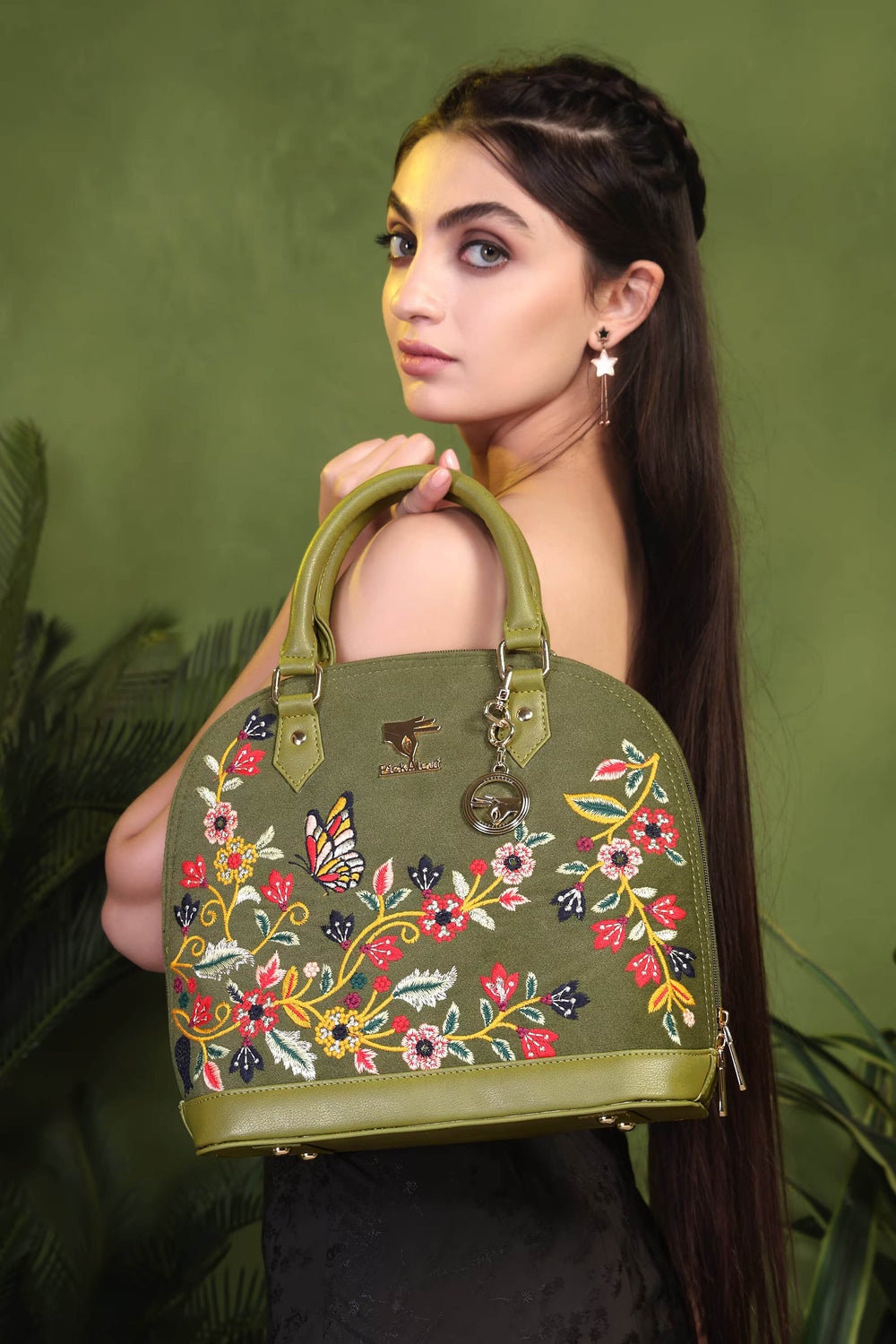 Olive green embroidered party handbag for women in vegan leather by PickAleaf, cruelty free with floral design for weddings and festive use