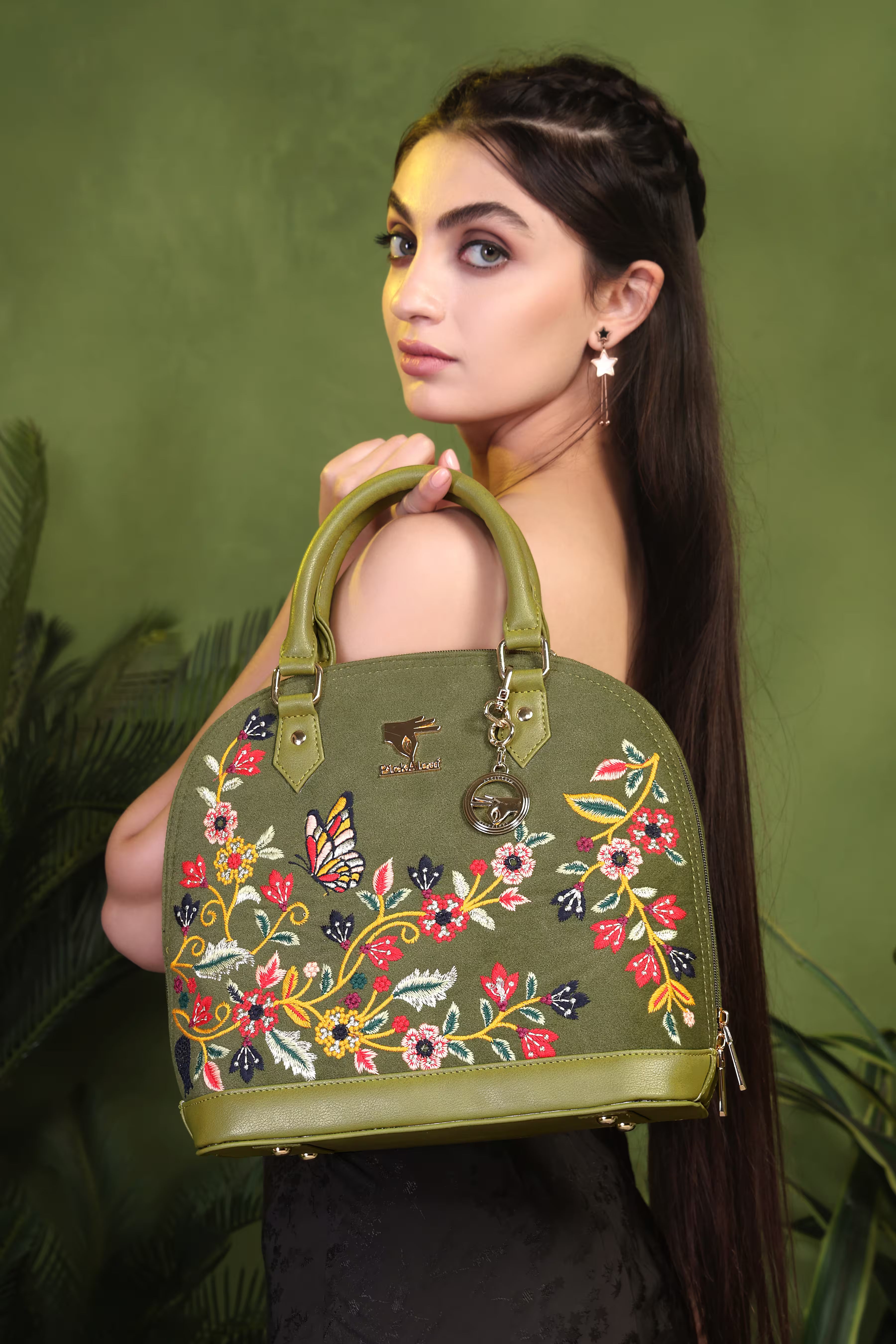 Olive Green Embroidery Waves Handbag