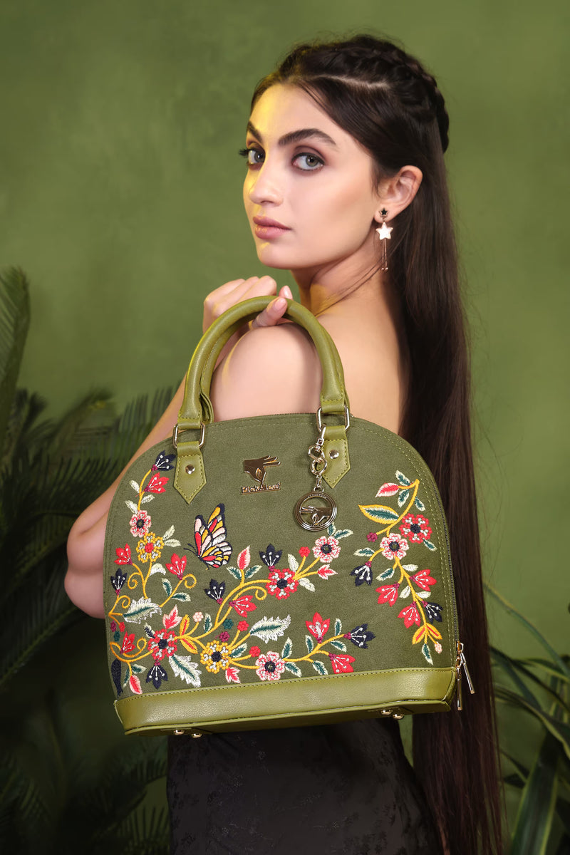 Waves Embroidered Handbag Olive Green