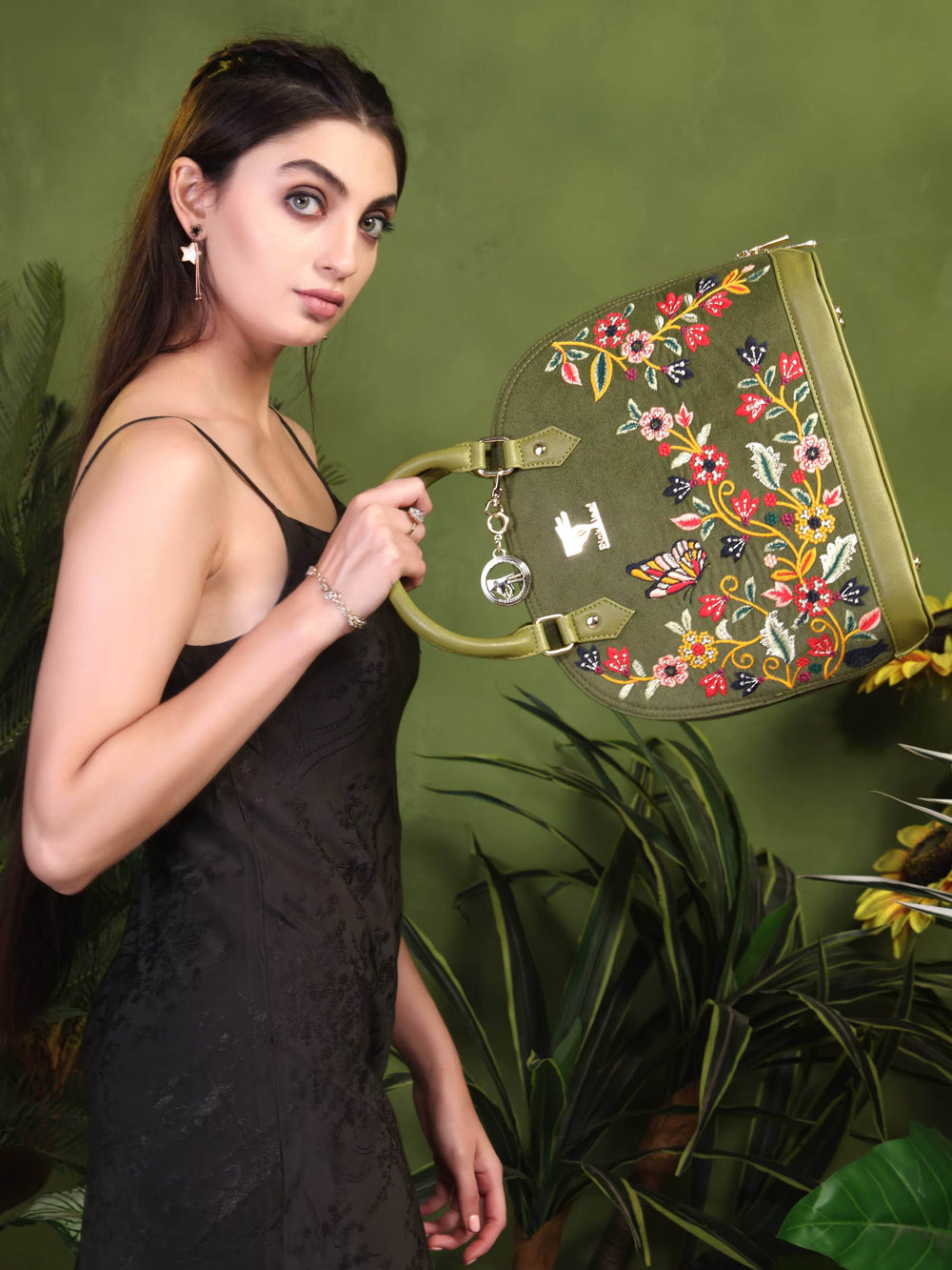 Olive green embroidered party handbag for women in vegan leather by PickAleaf, cruelty free with floral design for weddings and festive use